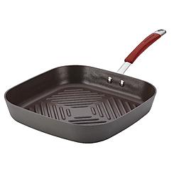Rachael Ray 87632 Cucina Hard-Anodized Nonstick 11 in. Deep Square Grill Pan- Gray With Cranberry Red Handle