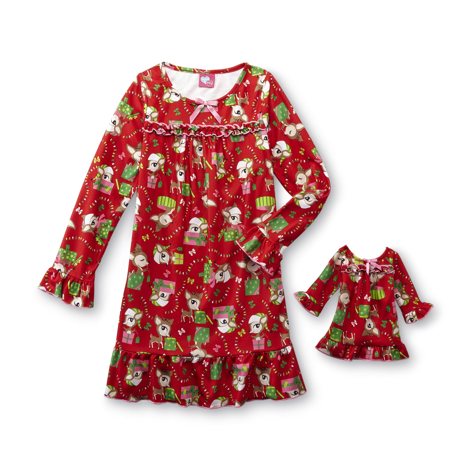 What A Doll Girl's Christmas Nightgown & Doll Outfit - Reindeer