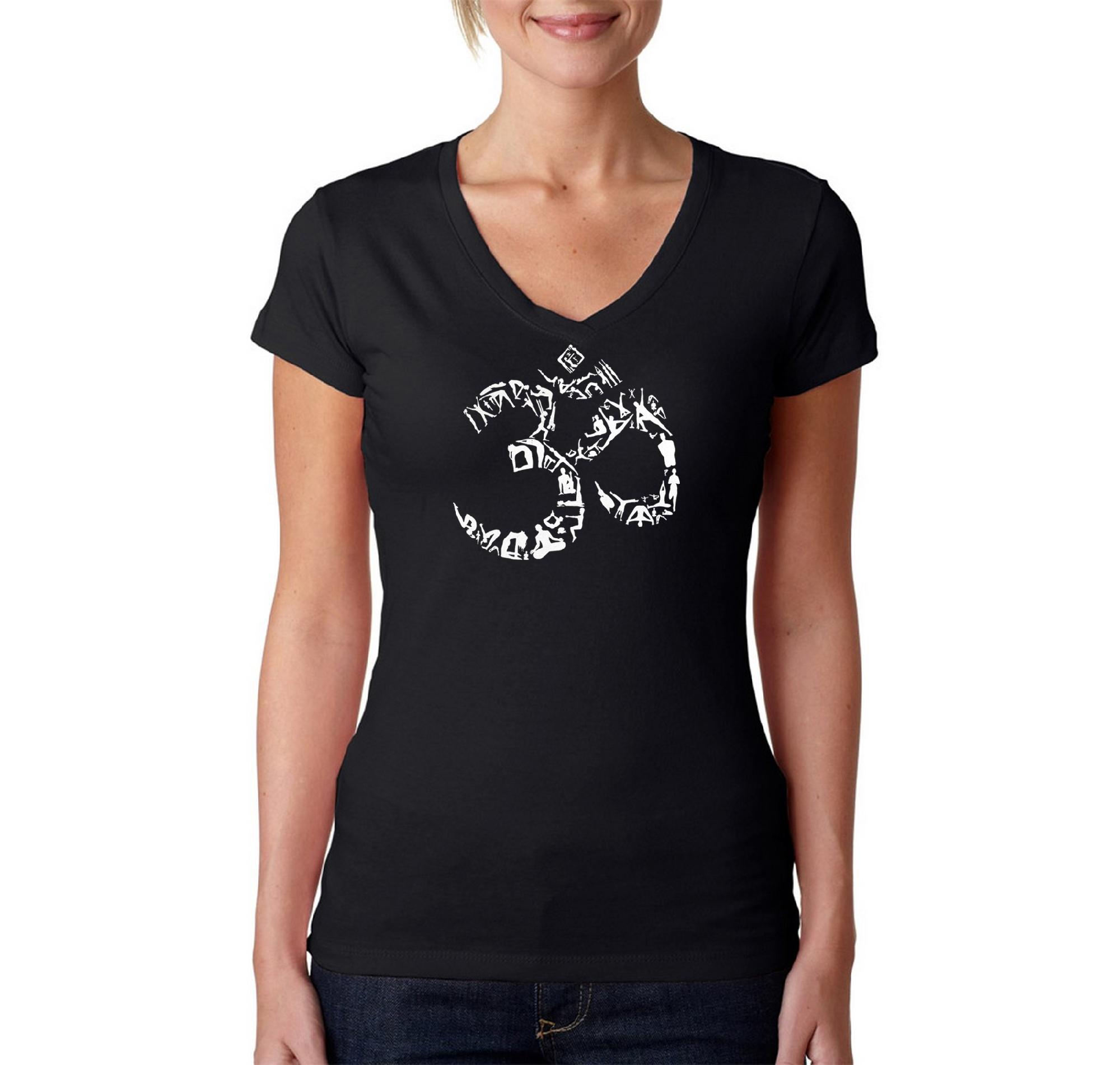 Los Angeles Pop Art Women's Word Art V-Neck T-shirt - The Om Symbol out of Yoga Poses - Online Exclusive