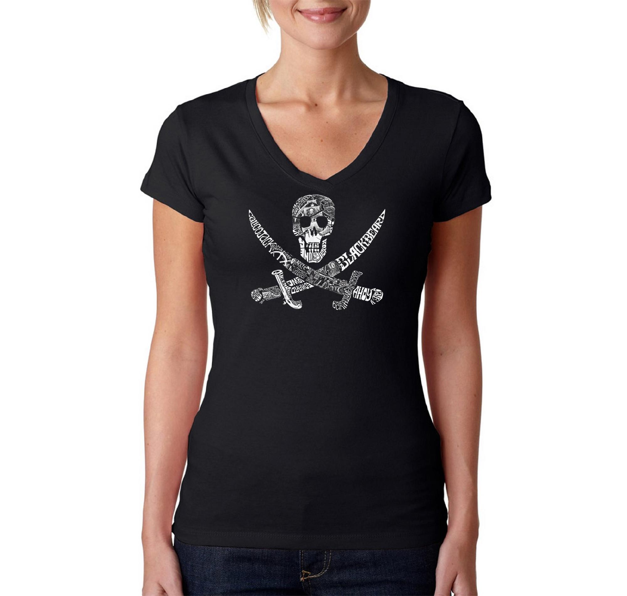 Los Angeles Pop Art Women's Word Art V-Neck T-shirt - Pirate Captains, Ships and Imagery
