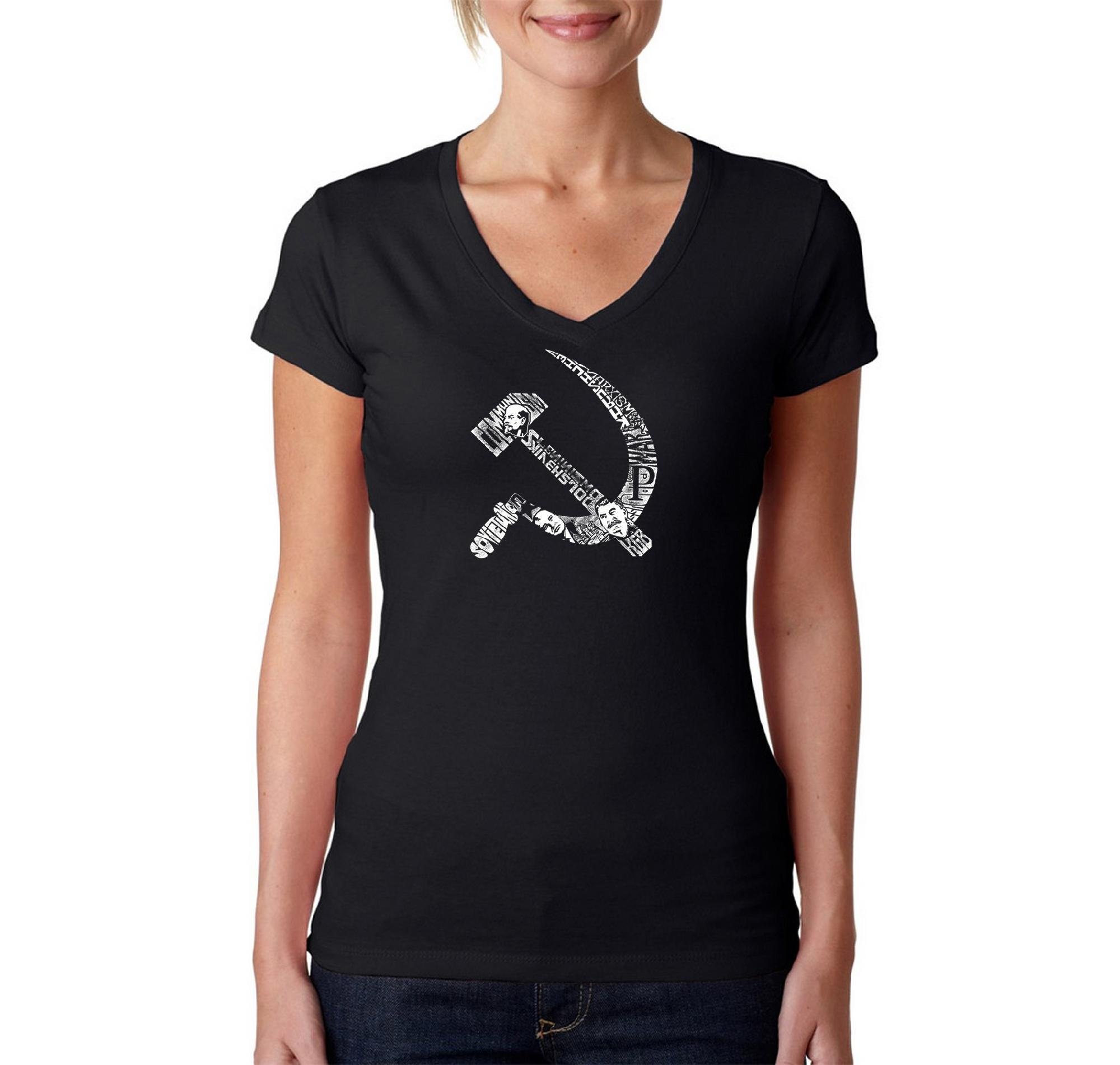 Los Angeles Pop Art Women's Word Art V-Neck T-shirt - Soviet Hammer and Sickle - Online Exclusive