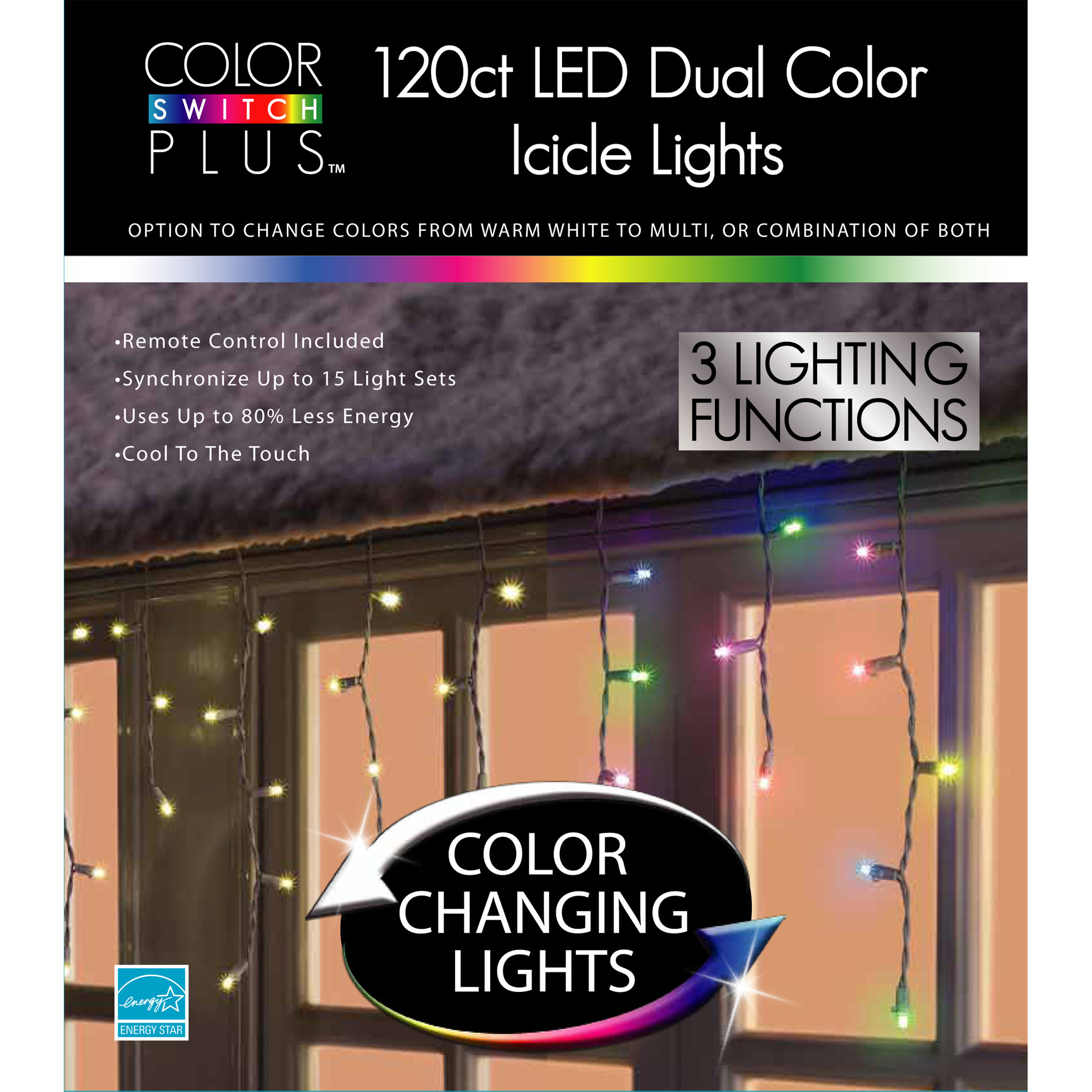 Color Switch Plus Christmas LED Dual Color Changhing with 3 Functions - Icicle Lights, 120 ct