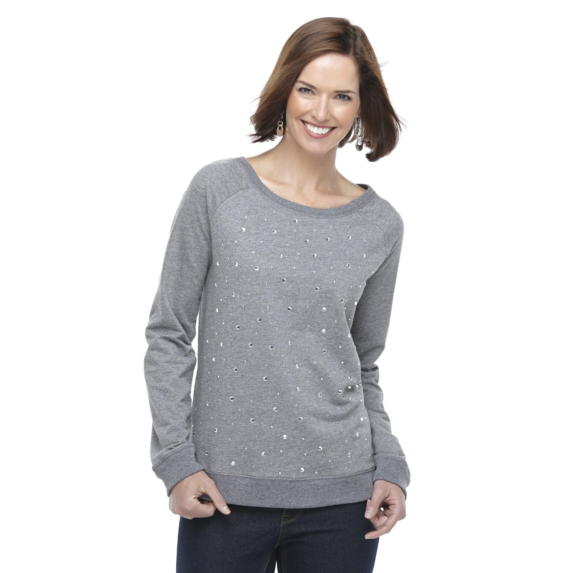 Jaclyn Smith Women's Embellished French Terry Knit Top - Rhinestones