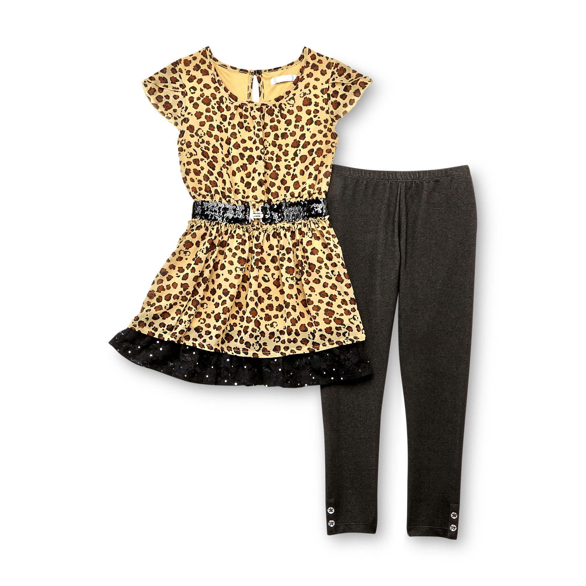 Piper Girl's Belted Dress & Leggings - Cheetah Print