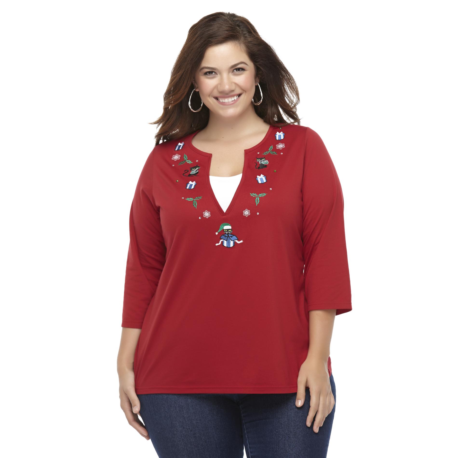 Holiday Editions Women's Plus Christmas Embroidered Top - Cats & Presents