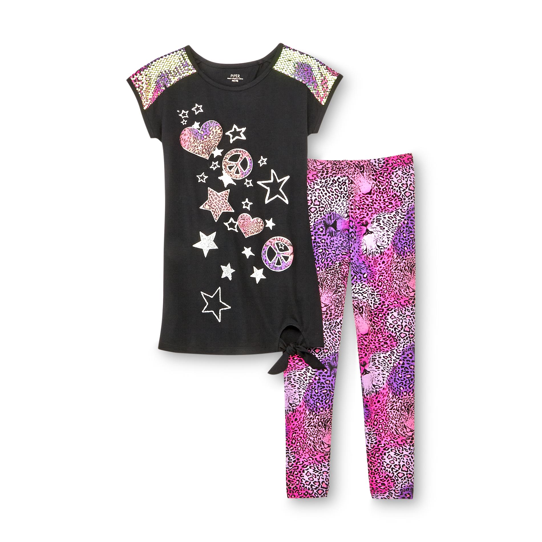 Piper Girl's Graphic T-Shirt & Leggings - Hearts  Peace Signs & Leopard Print