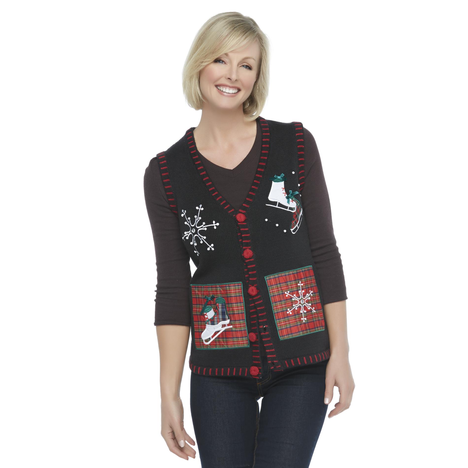 Holiday Editions Women's Sweater Vest - Ice Skates & Christmas Snowflakes