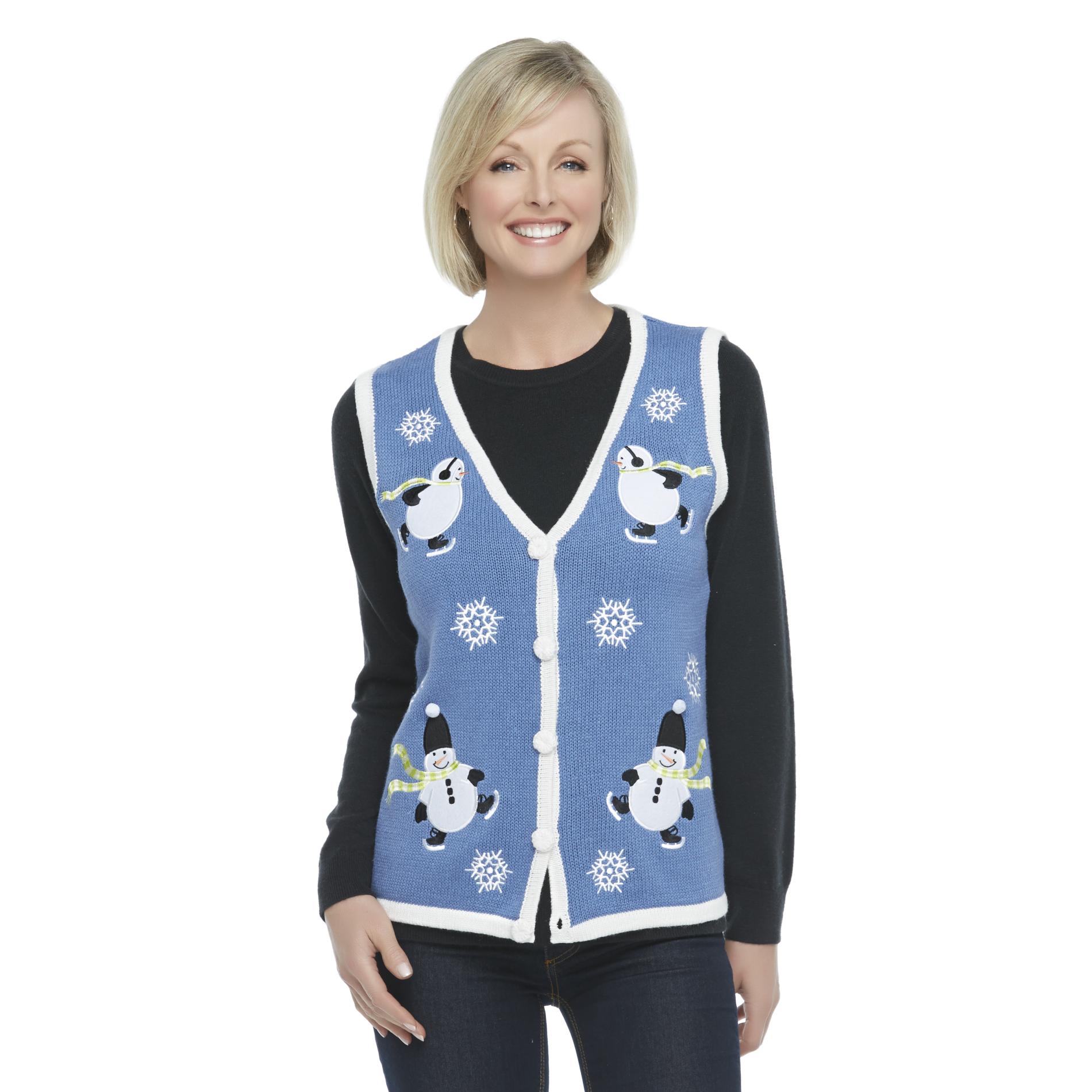 Holiday Editions Women's Sweater Vest - Christmas Snowmen & Snowflakes
