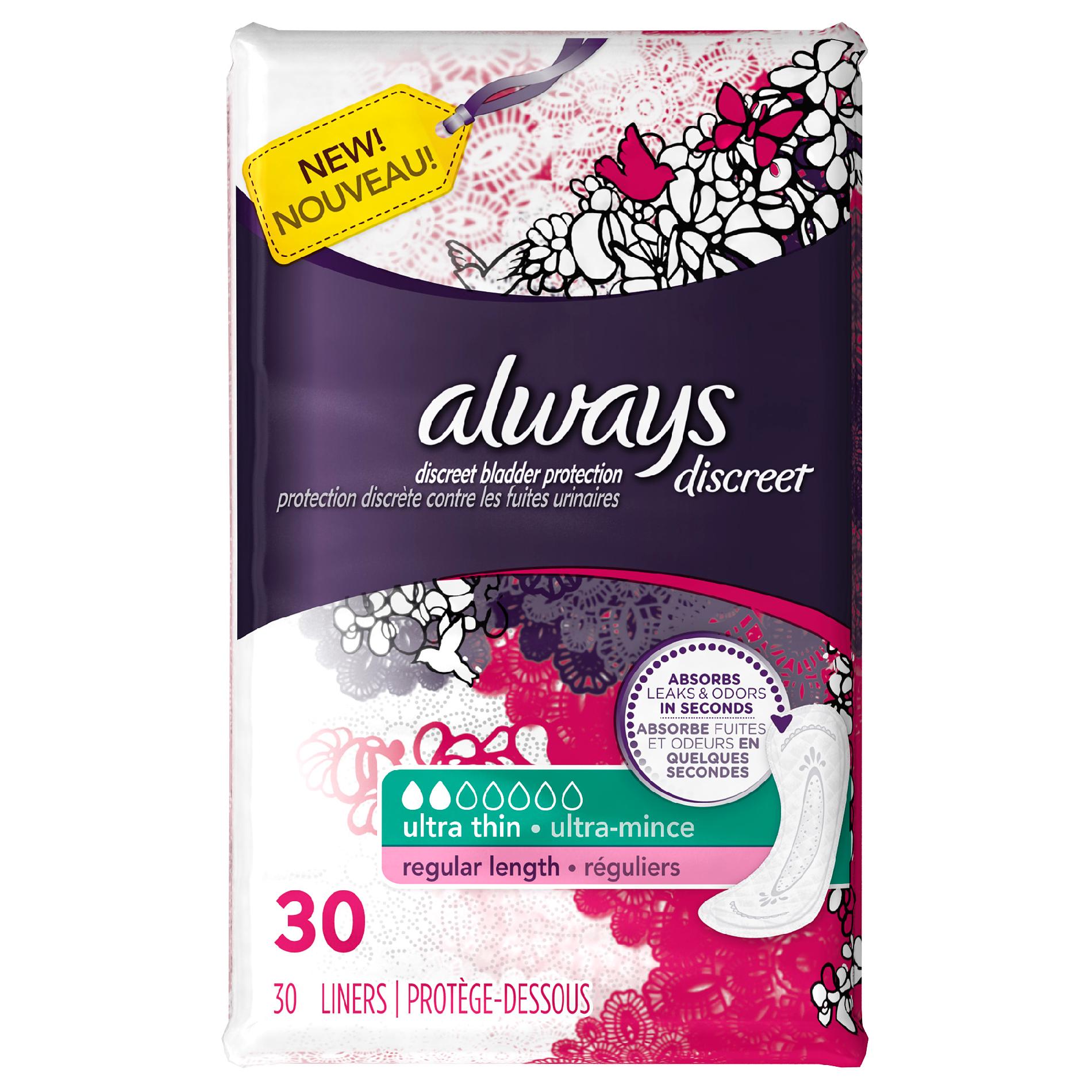 Discreet, Incontinence Liners, Ultra Thin, Regular Length, 30 Ct