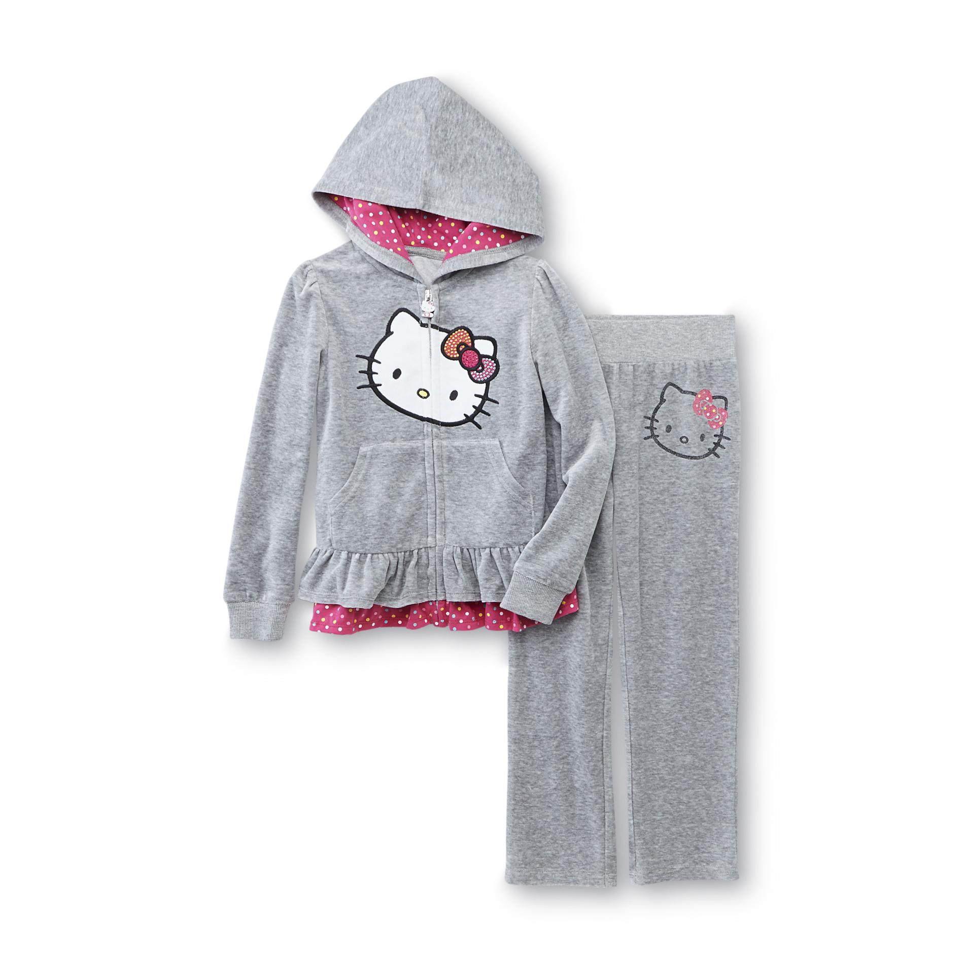 Hello Kitty Girl's Velour Hoodie Jacket & Pants - Polka Dots