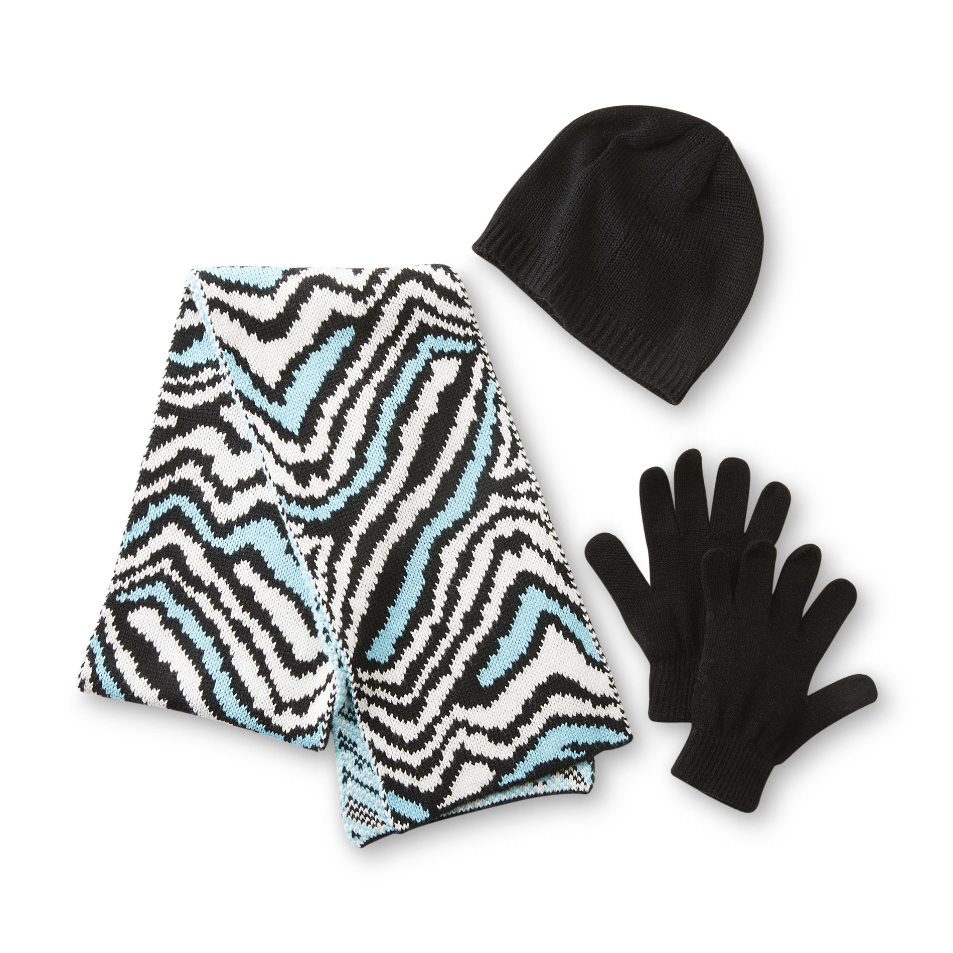 Joe Boxer Junior's Hat  Gloves & Scarf - Zebra Striped