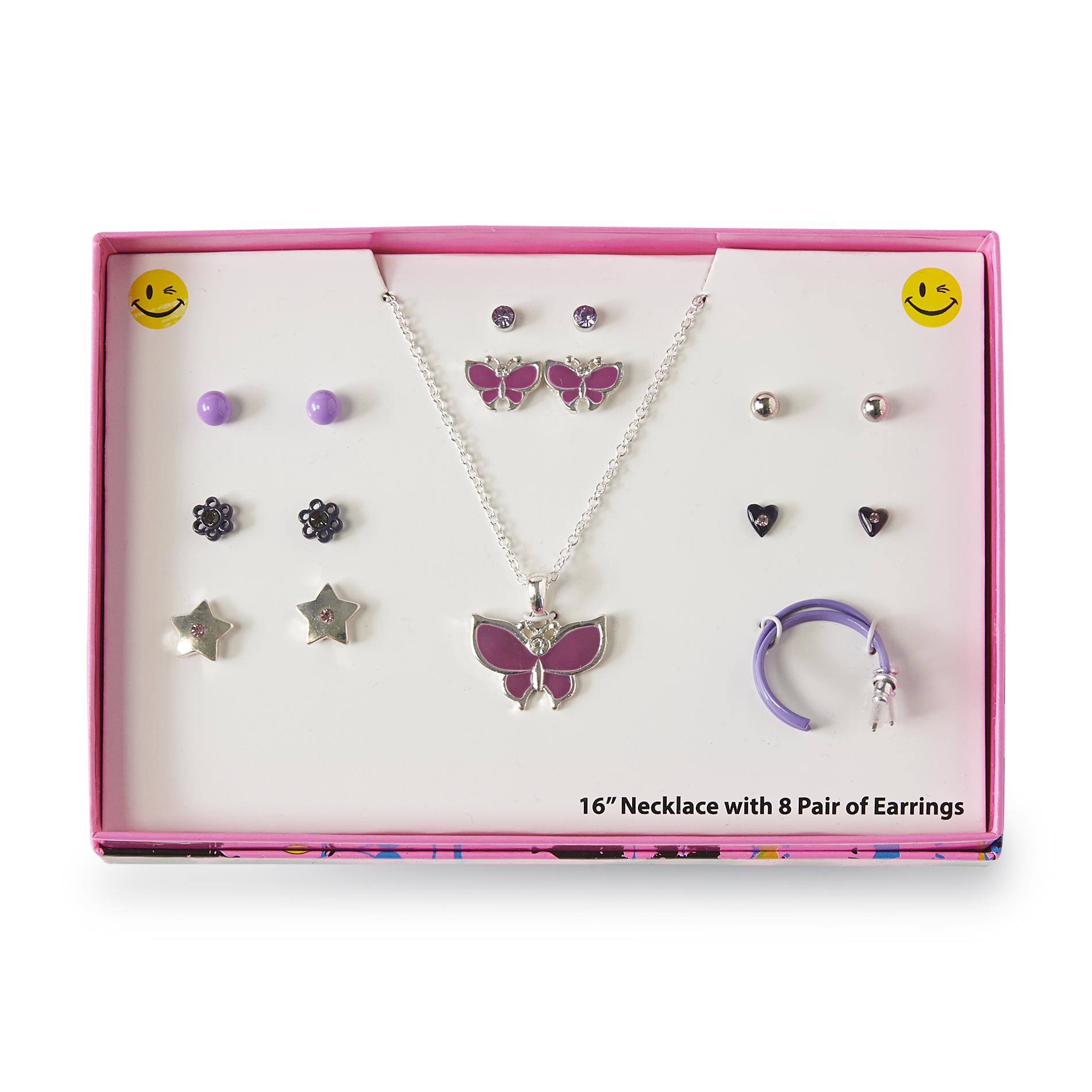 Joe Boxer Girl's Charm Necklace & 8-Pairs Earrings - Butterfly