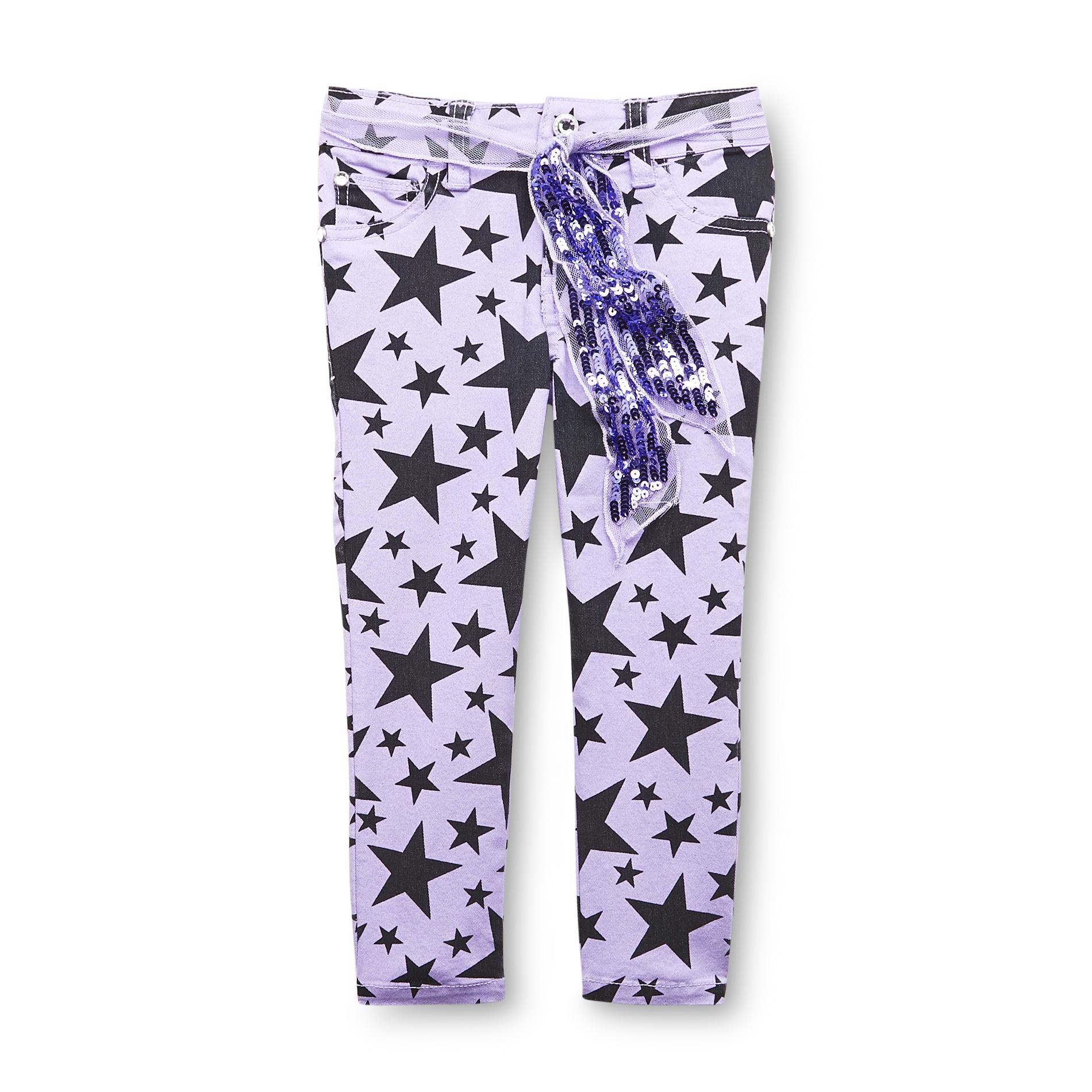 Piper Girl's Printed Colored Jeans & Belt - Stars