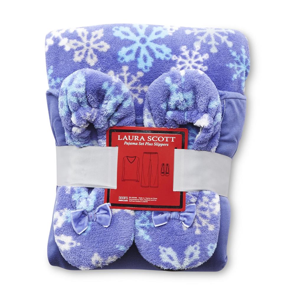 Laura Scott Women's Pajama Top  Printed Fleece Pants & Slippers - Snowflake