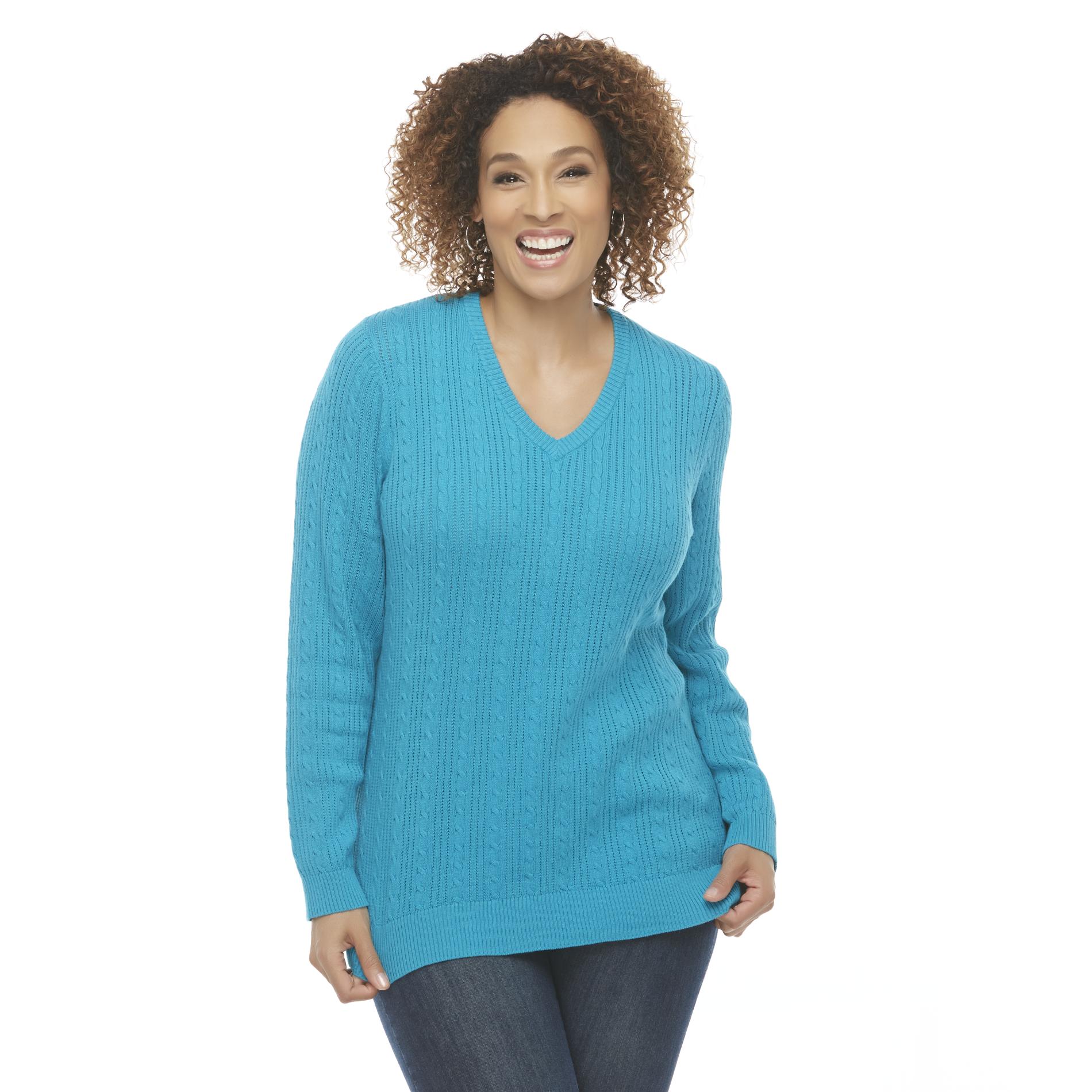 Basic Editions Women's Plus V-Neck Sweater - Cable Knit