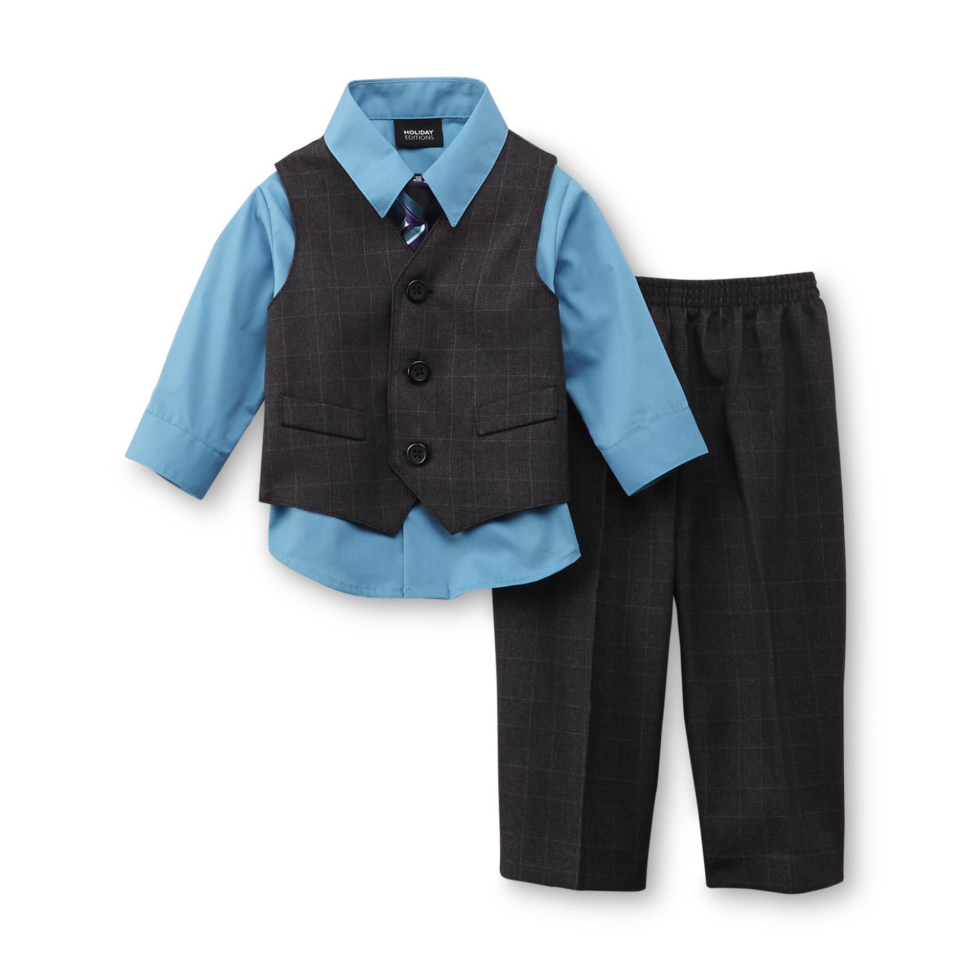 Holiday Editions Newborn Boy's Dress Shirt  Vest  Pants & Necktie - Windowpane Plaid