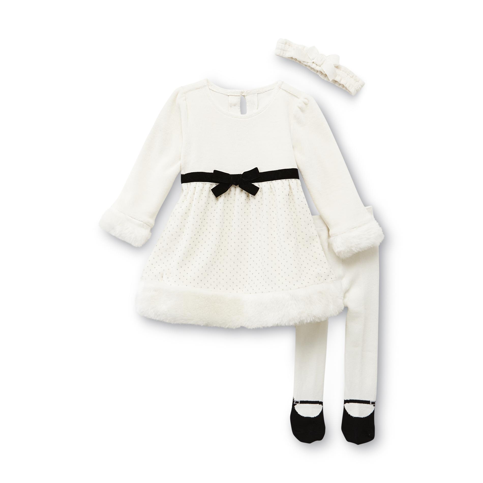 Small Wonders Newborn Girl's Dress  Tights & Headband - Santa