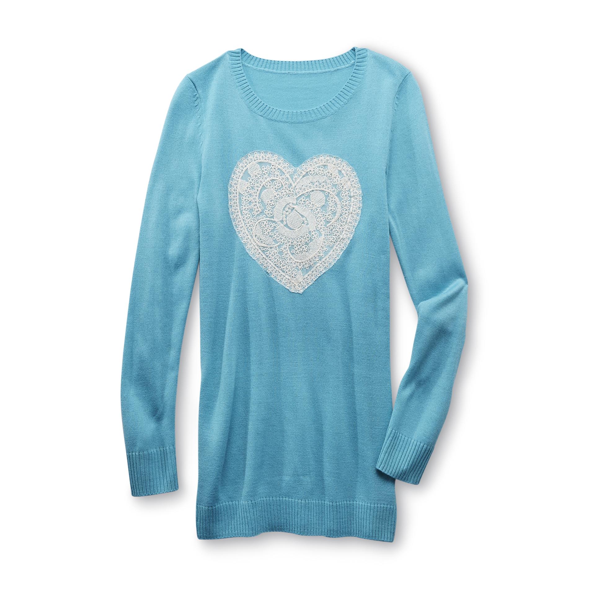 Route 66 Girl's Crochet Applique Tunic Sweater - Heart