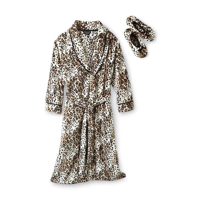 Covington Women's Plush Bathrobe & Slippers Leopard Print