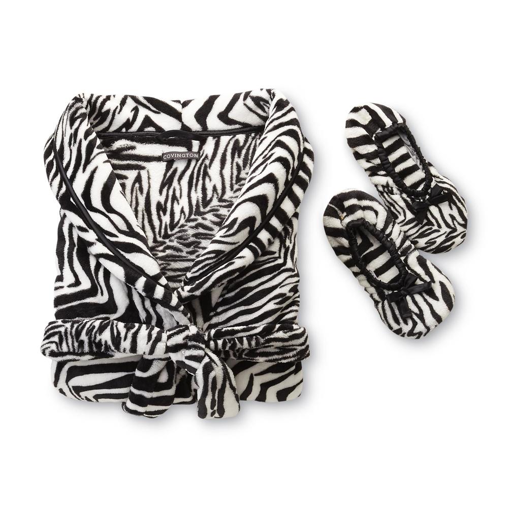 Covington Women's Plush Bathrobe & Slippers - Zebra Striped