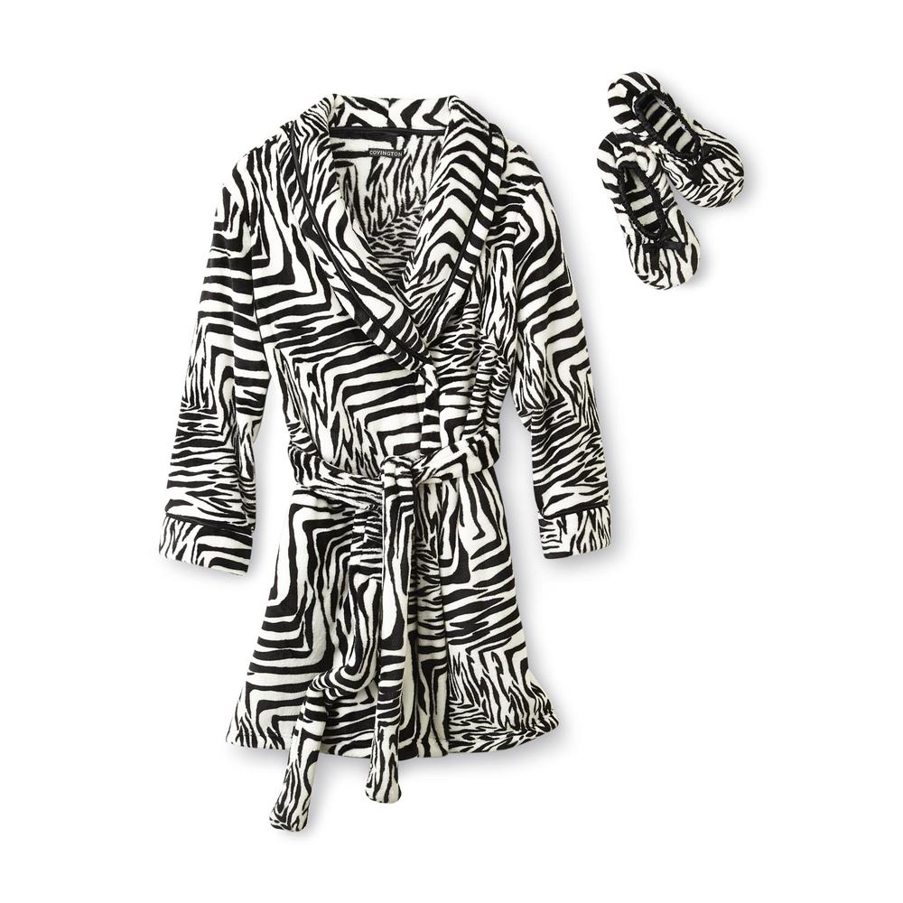 Covington Women's Plush Bathrobe & Slippers - Zebra Striped
