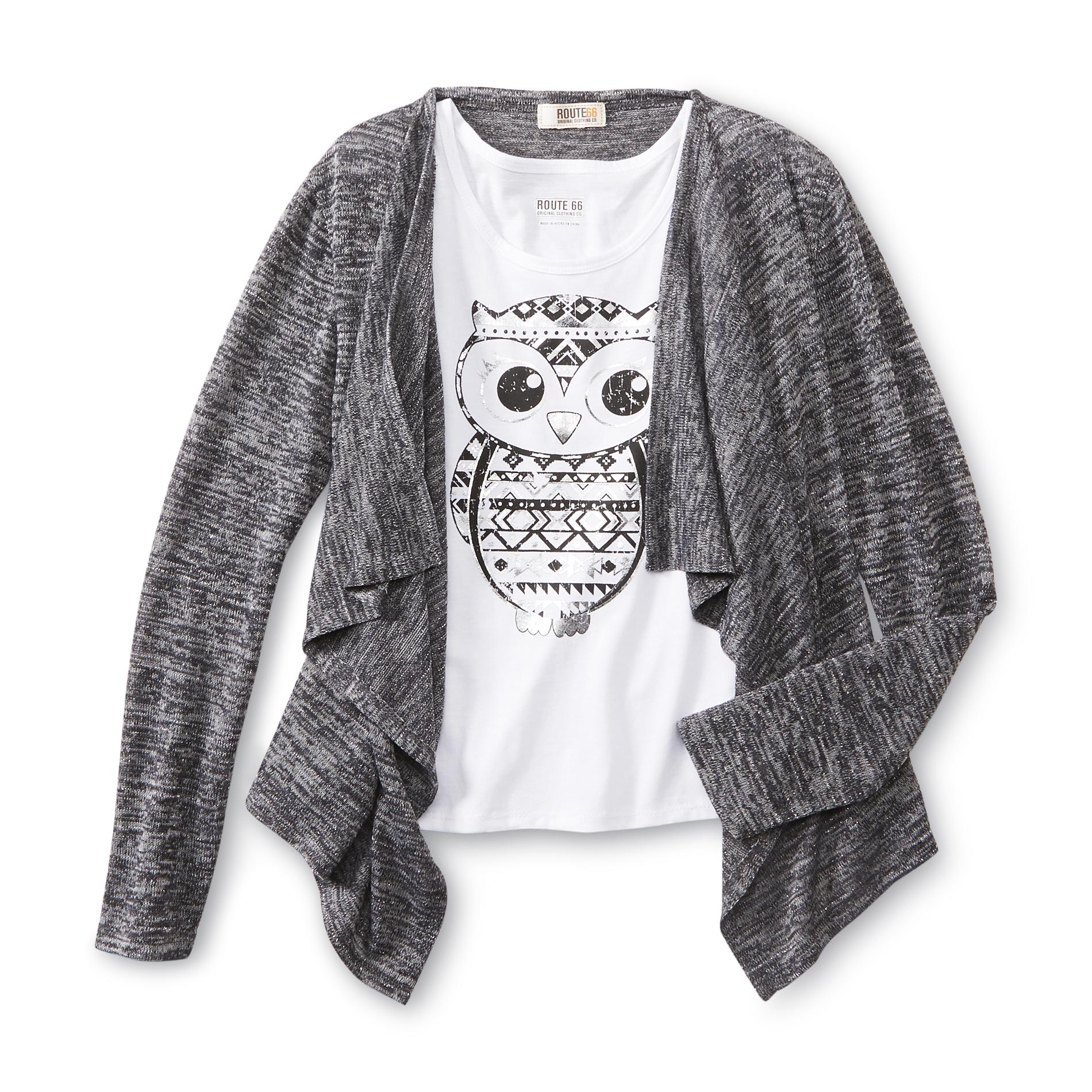 Route 66 Girl's Layered Look Cardigan Top - Owl