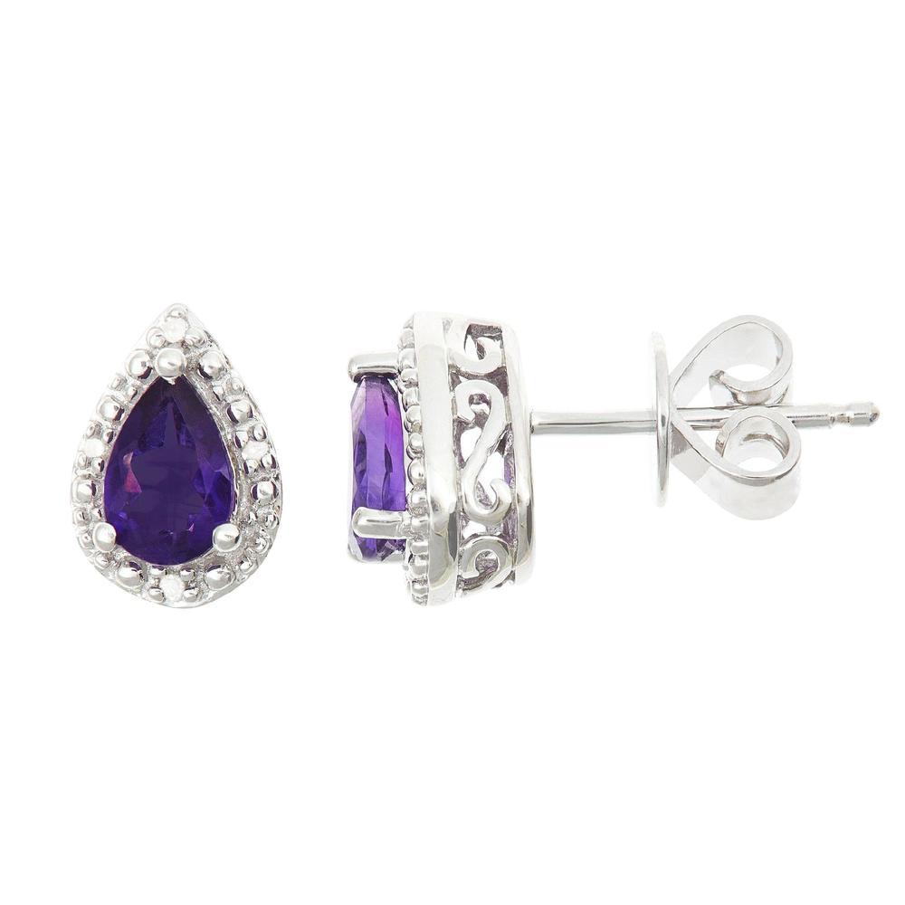 Sterling silver 6x4mm pear shaped birthstone gemstone with diamond accent studs