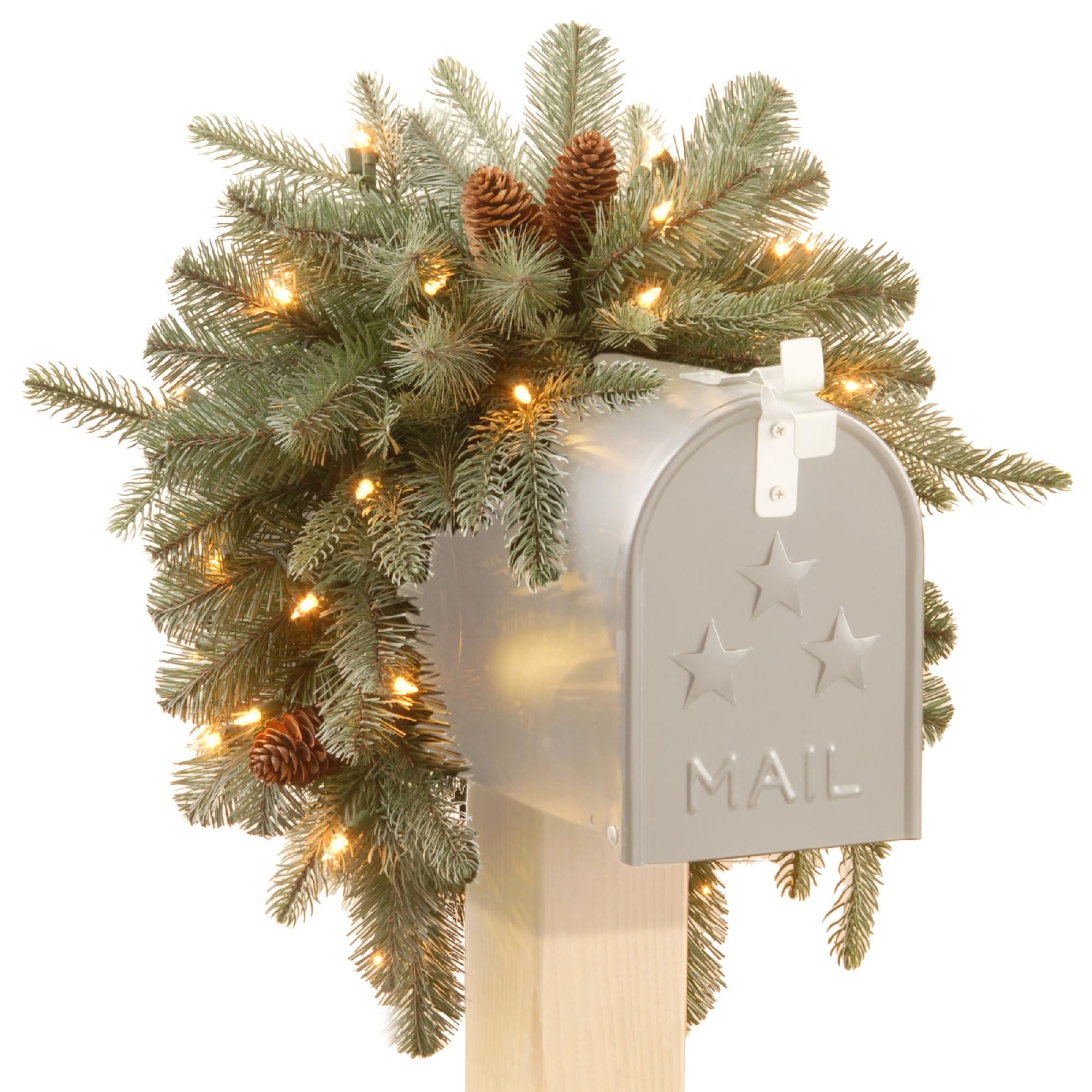 National Tree Company 36" Frosted Arctic Spruce Mailbox Swag with Battery Operated Warm White LED Lights