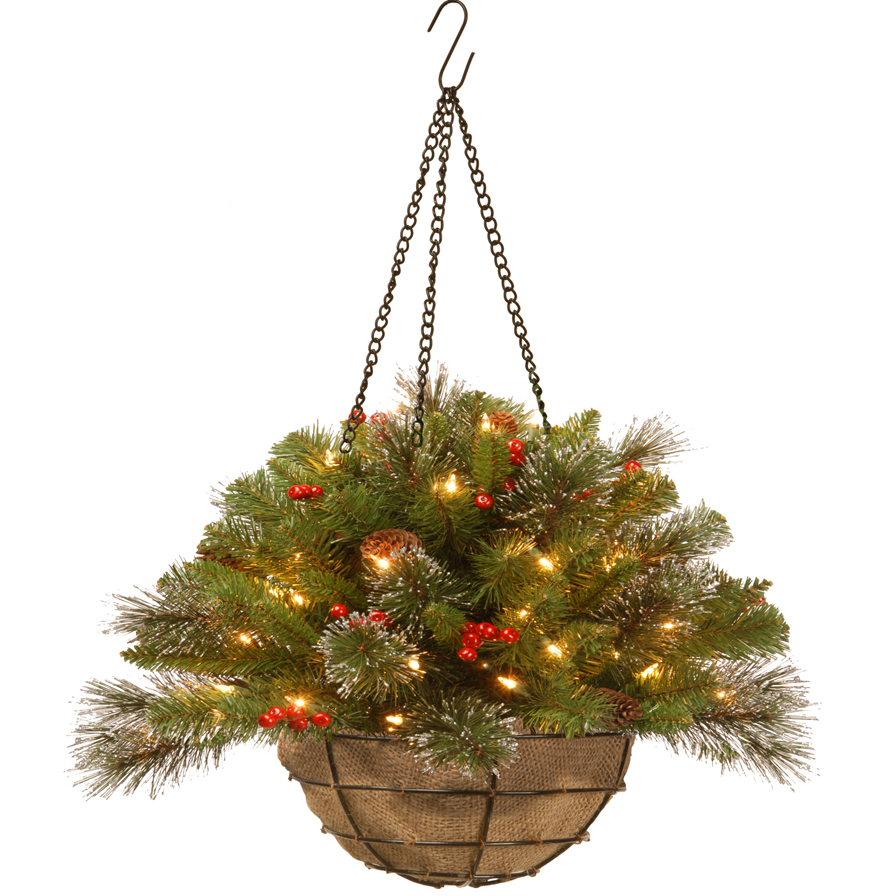 National Tree Company 20" Crestwood Spruce Hanging Basket with Battery Operated Warm White LED Lights
