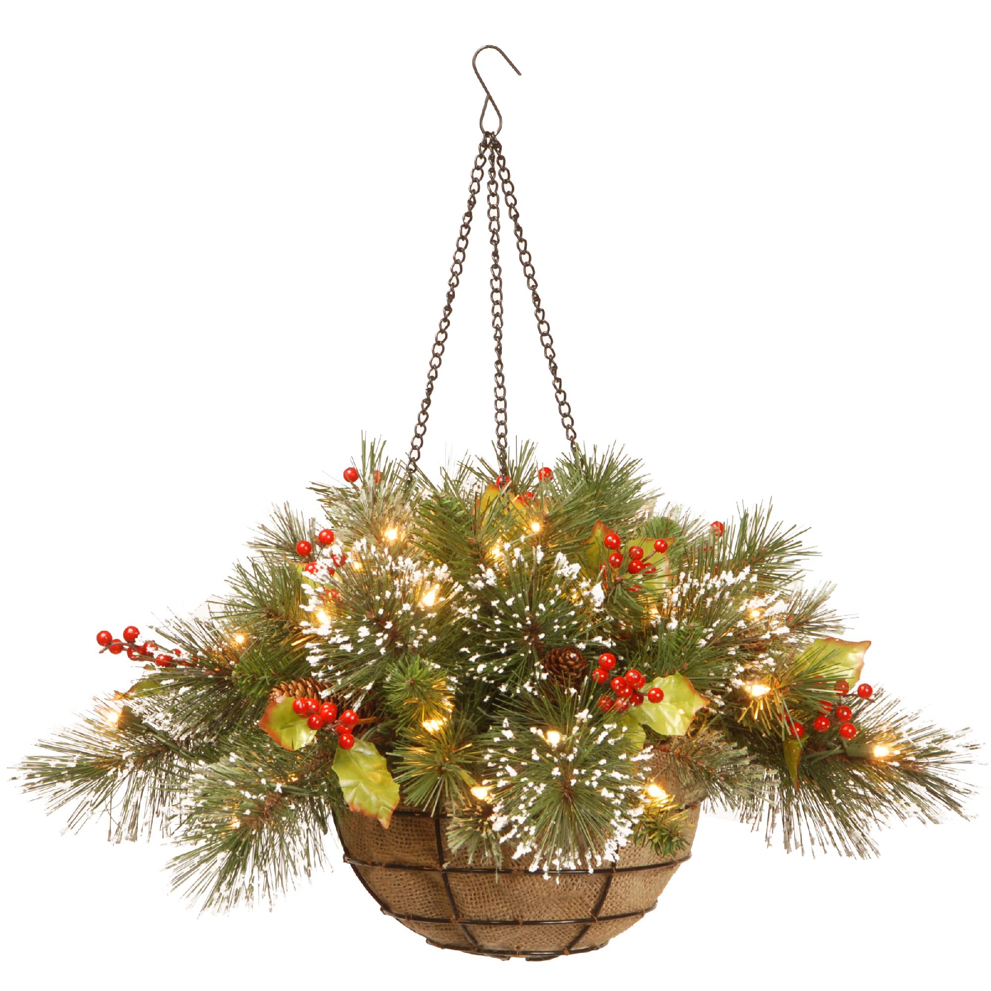 National Tree Company 20" Wintry Pine Hanging Basket with Battery Operated Warm White LED Lights