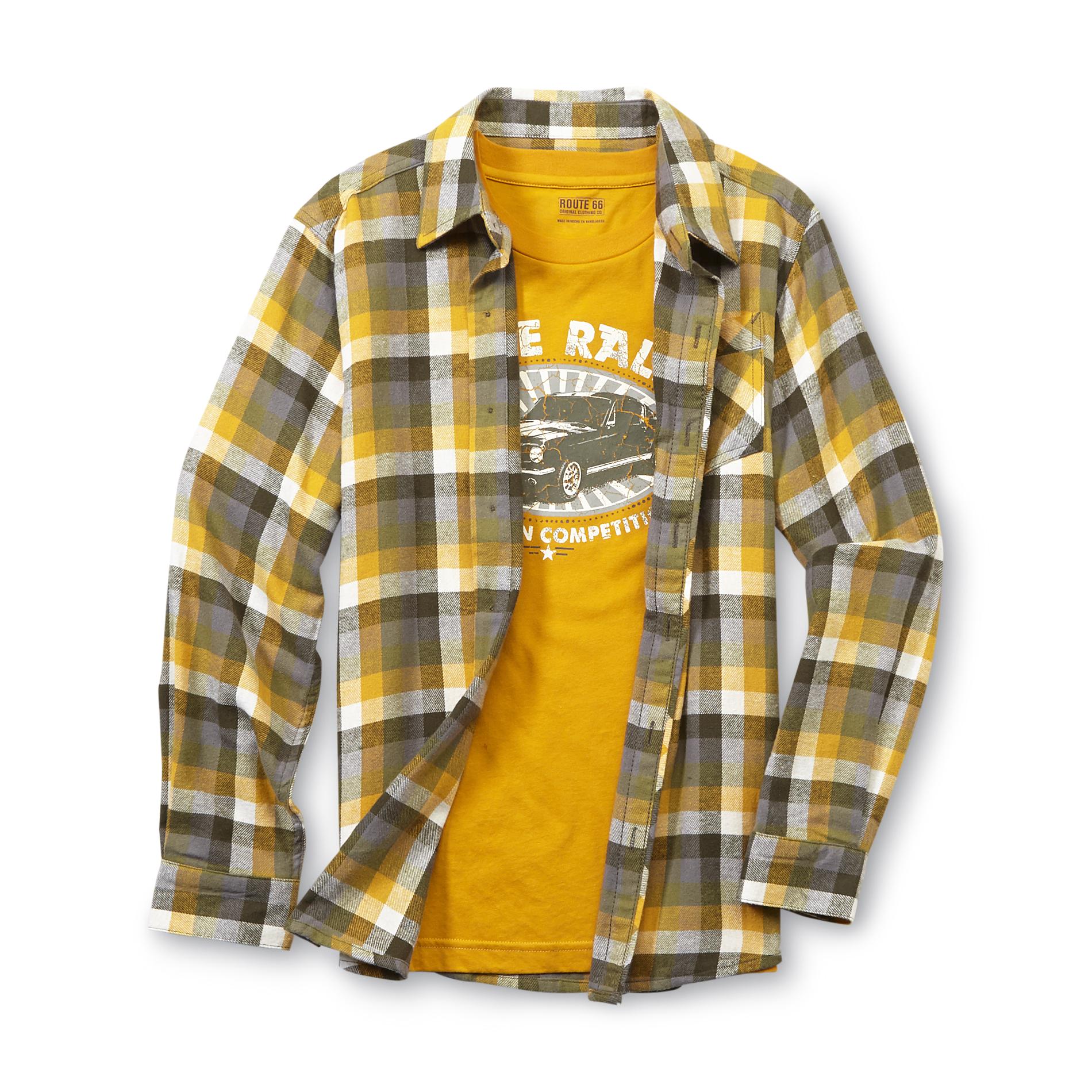 Route 66 Boy's Plaid Flannel Shirt & T-Shirt - Race Rally