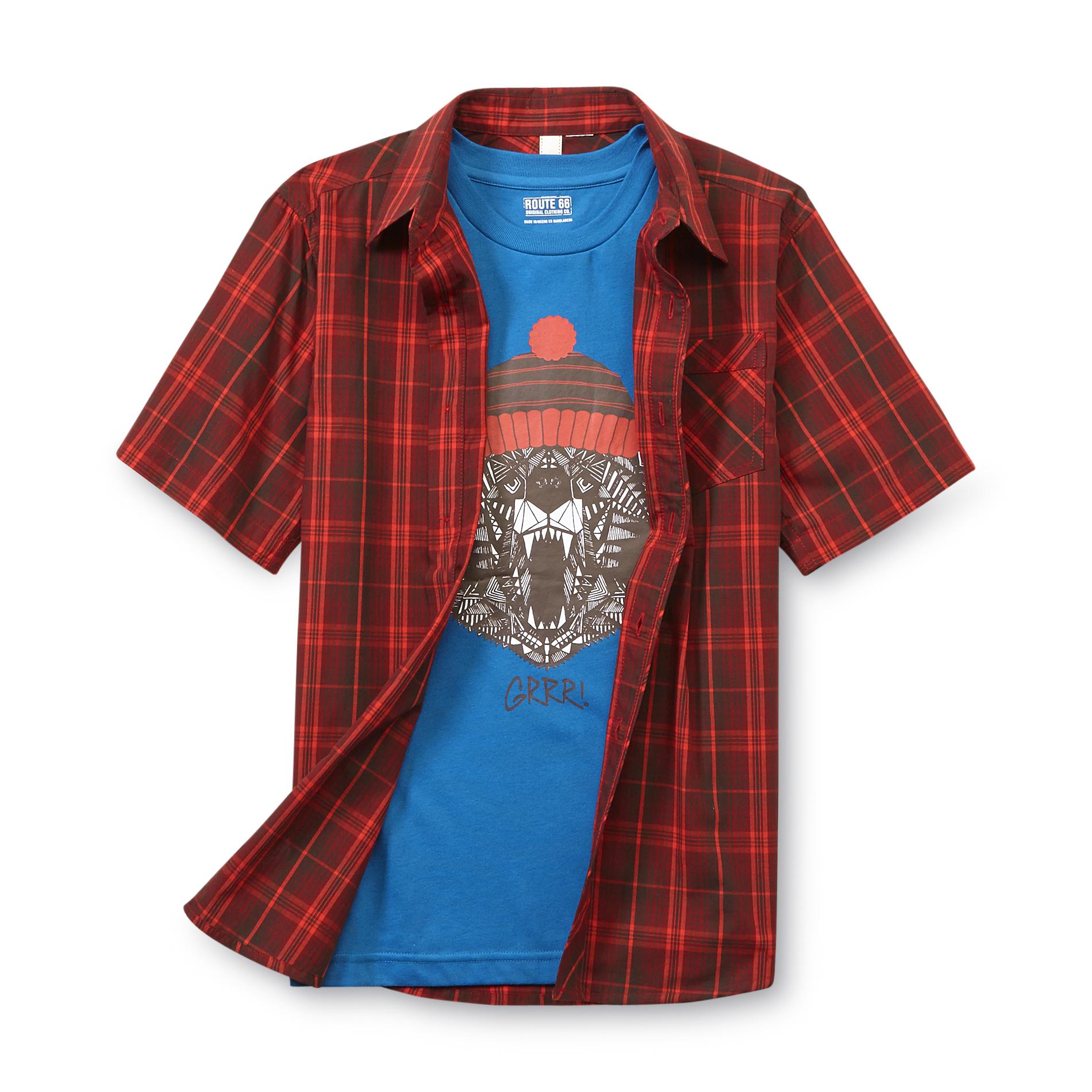 Route 66 Boy's Plaid Shirt & Graphic T-Shirt - Bear