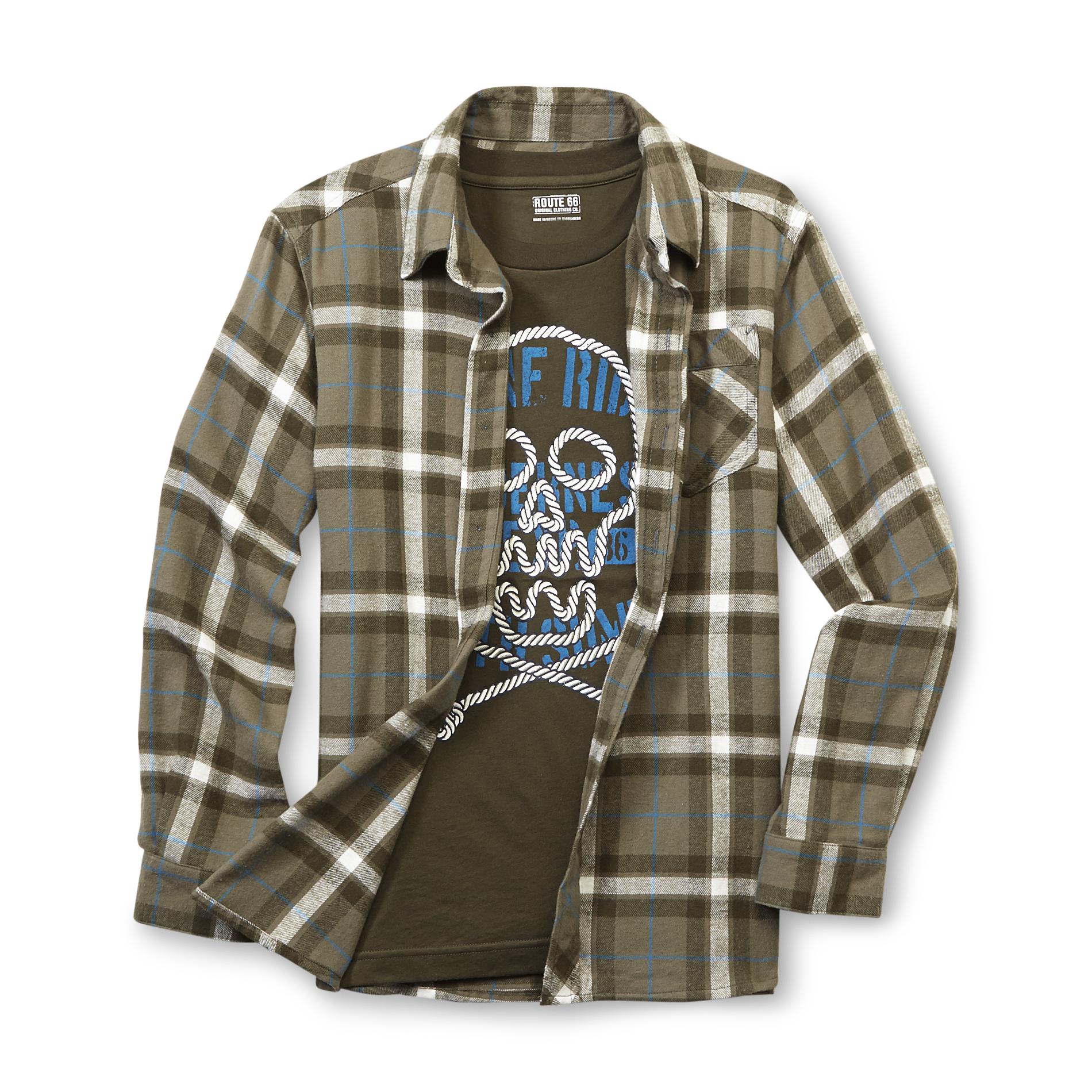 Route 66 Boy's Plaid Flannel Shirt & T-Shirt - Skull
