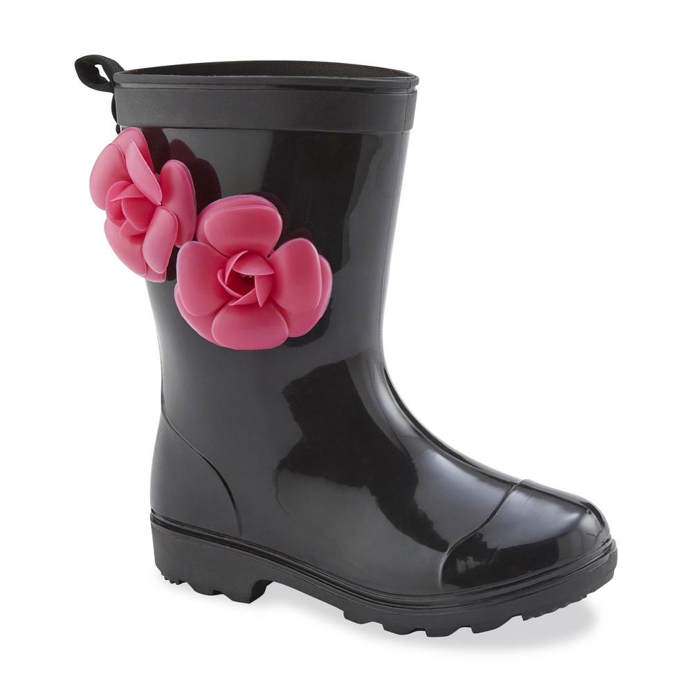 &nbsp; Girl's 7" Floral Black/Pink Jelly Rain Boot