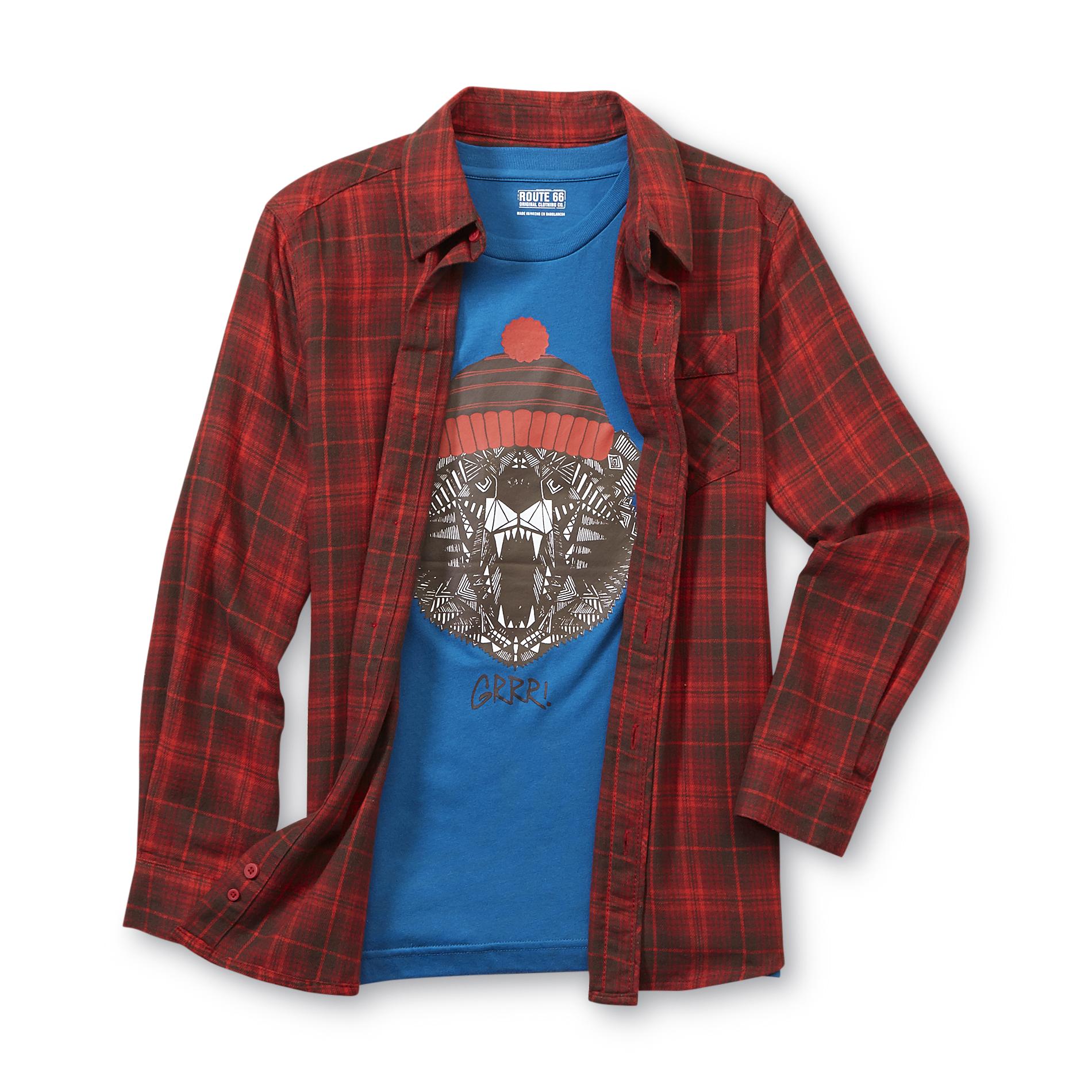 Route 66 Boy's Plaid Flannel Shirt & Graphic T-Shirt - Bear