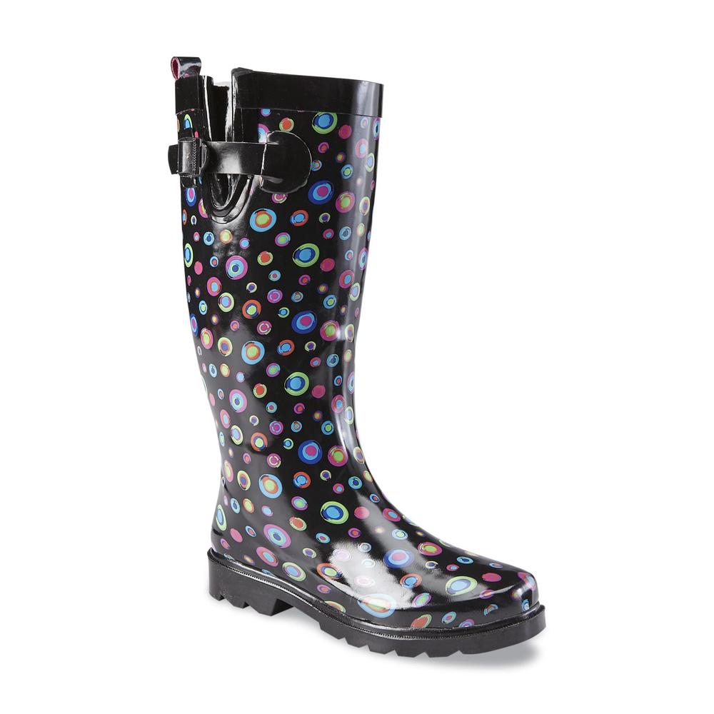&nbsp; Women's 12" Black/Multicolor Rain Boot - Polka Dots
