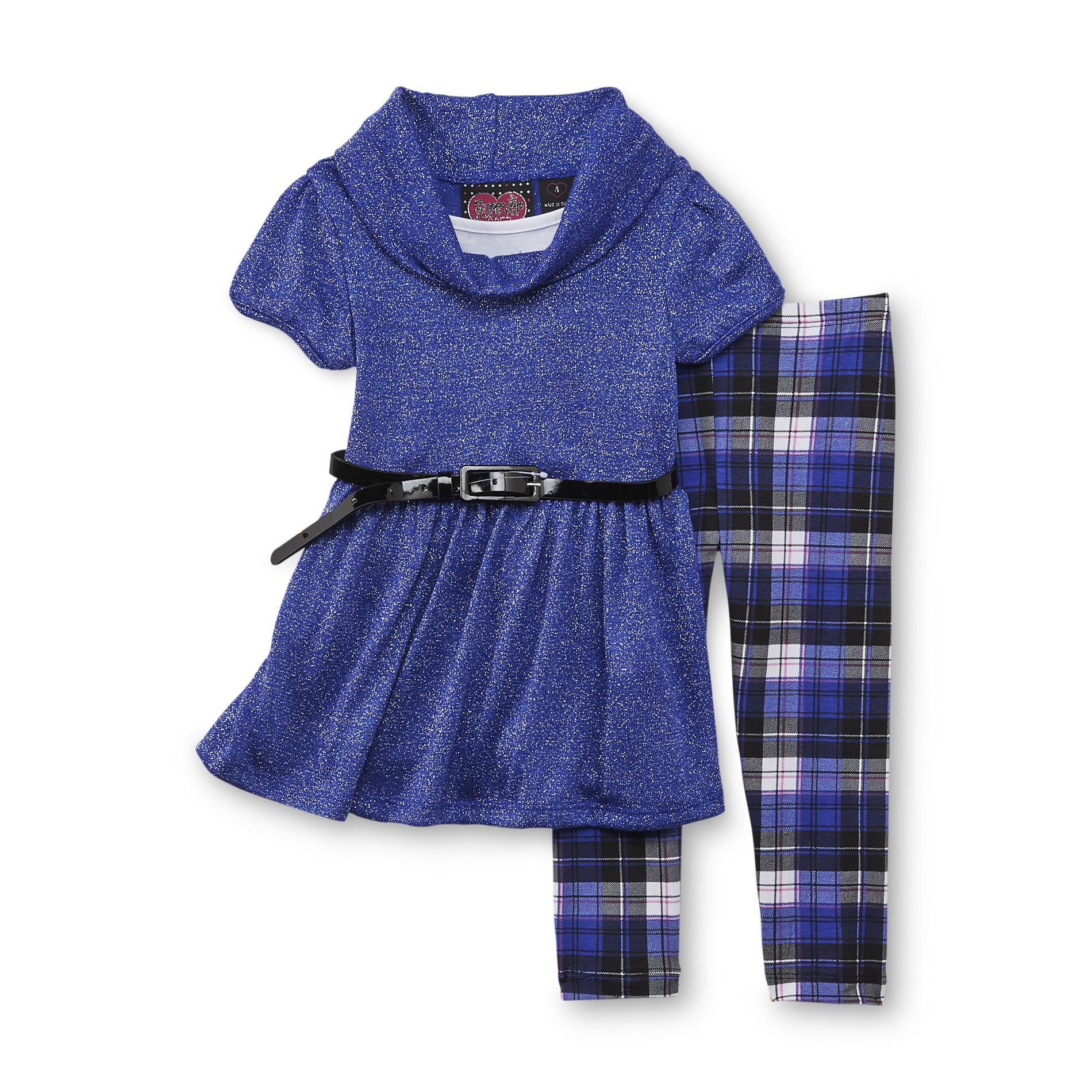 Forever Me Girl's Belted Tunic Top & Leggings - Plaid