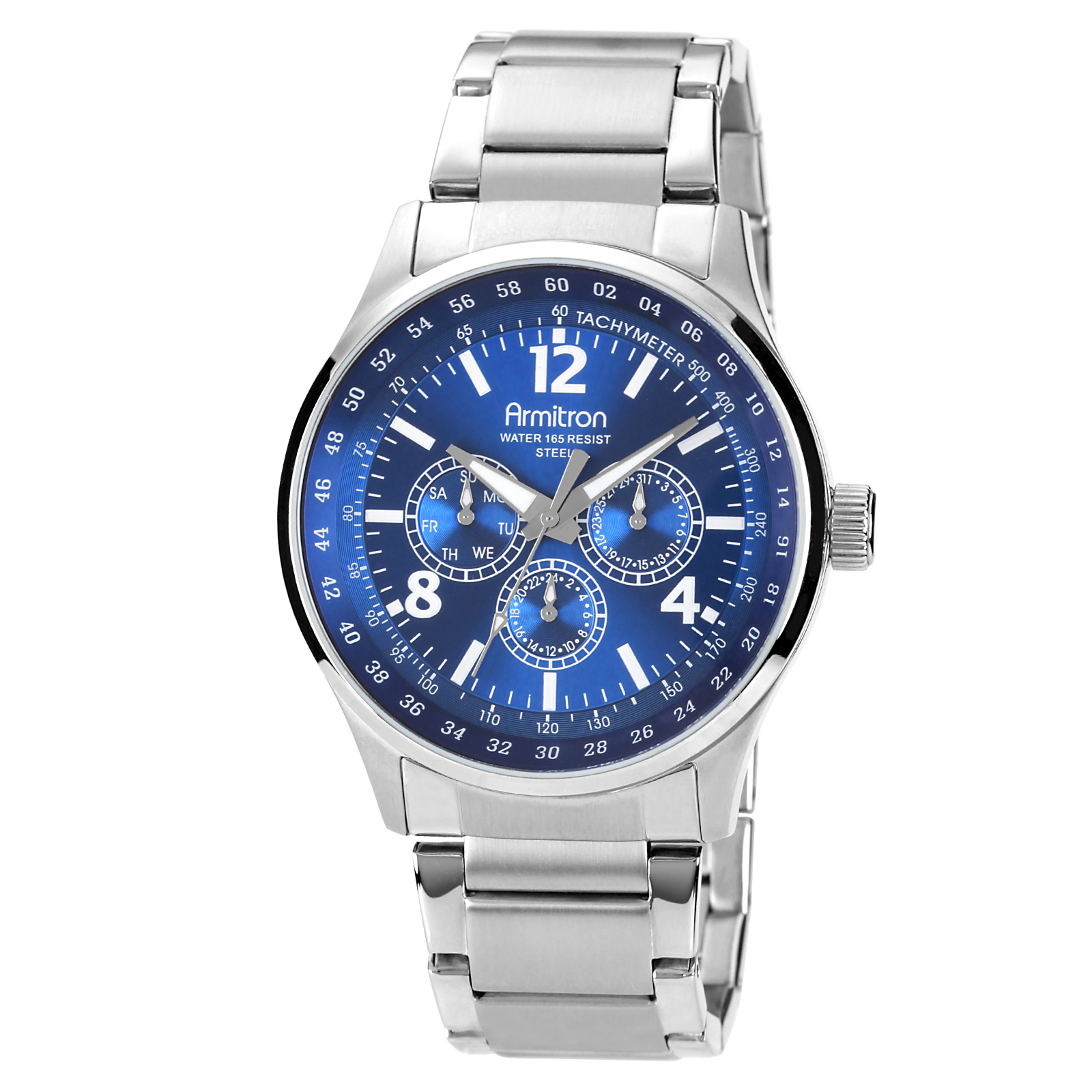 Armitron Mens Calendar Day/Date Watch w/ST Case Blue Multi-Display Dial and ST Band Armitron Mens Calendar Day/Date Watch w/ST Case Blue Multi-Display Dial and ST Band