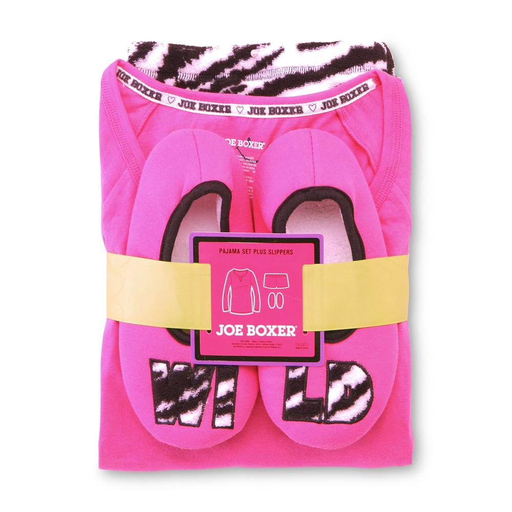 Joe Boxer Women's Pajama Top  Printed Microfleece Shorts & Slippers - Wild