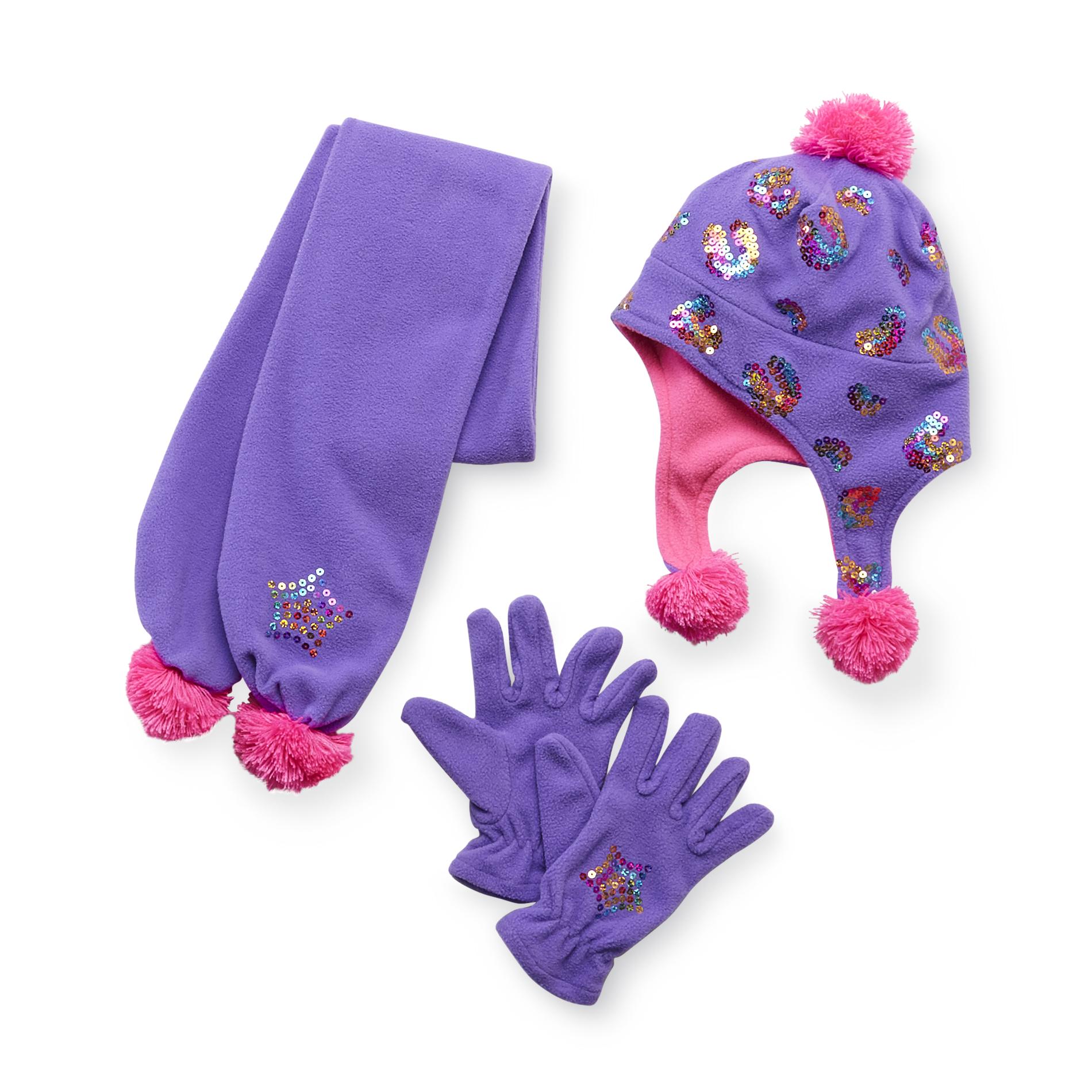 Athletech Girl's Fleece Hat  Scarf & Gloves - Sequins
