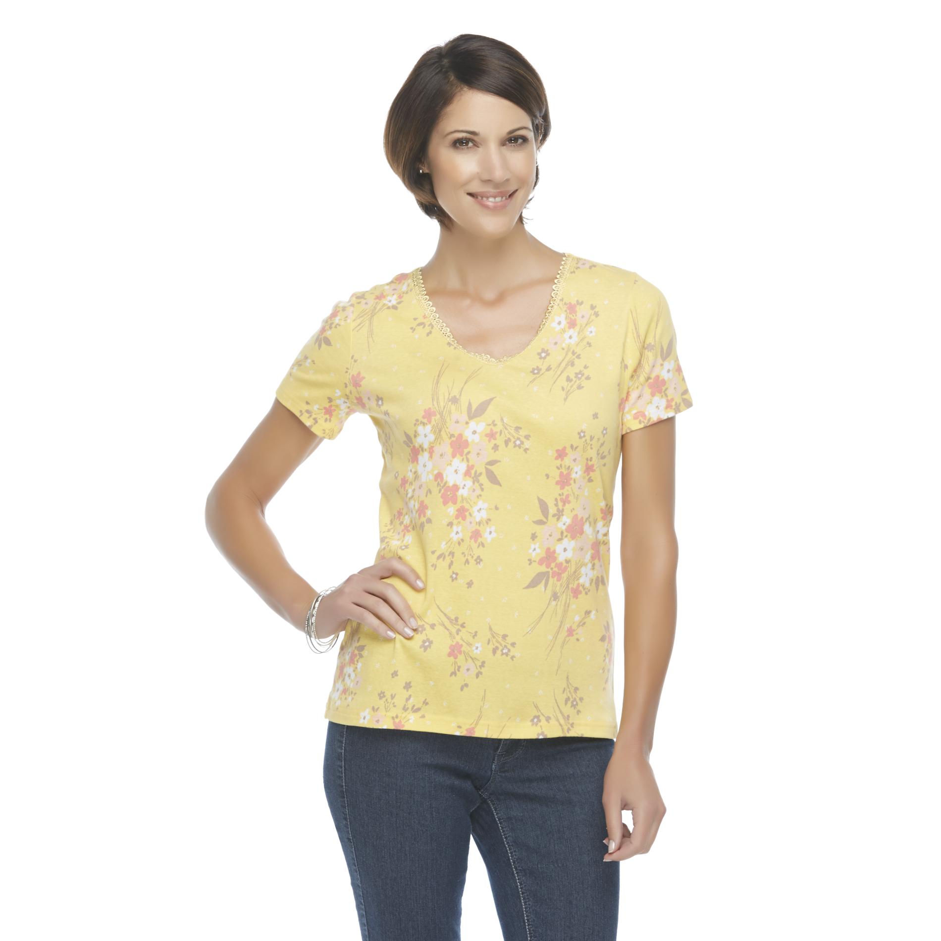 Basic Editions Women's Lace V-Neck T-Shirt - Floral