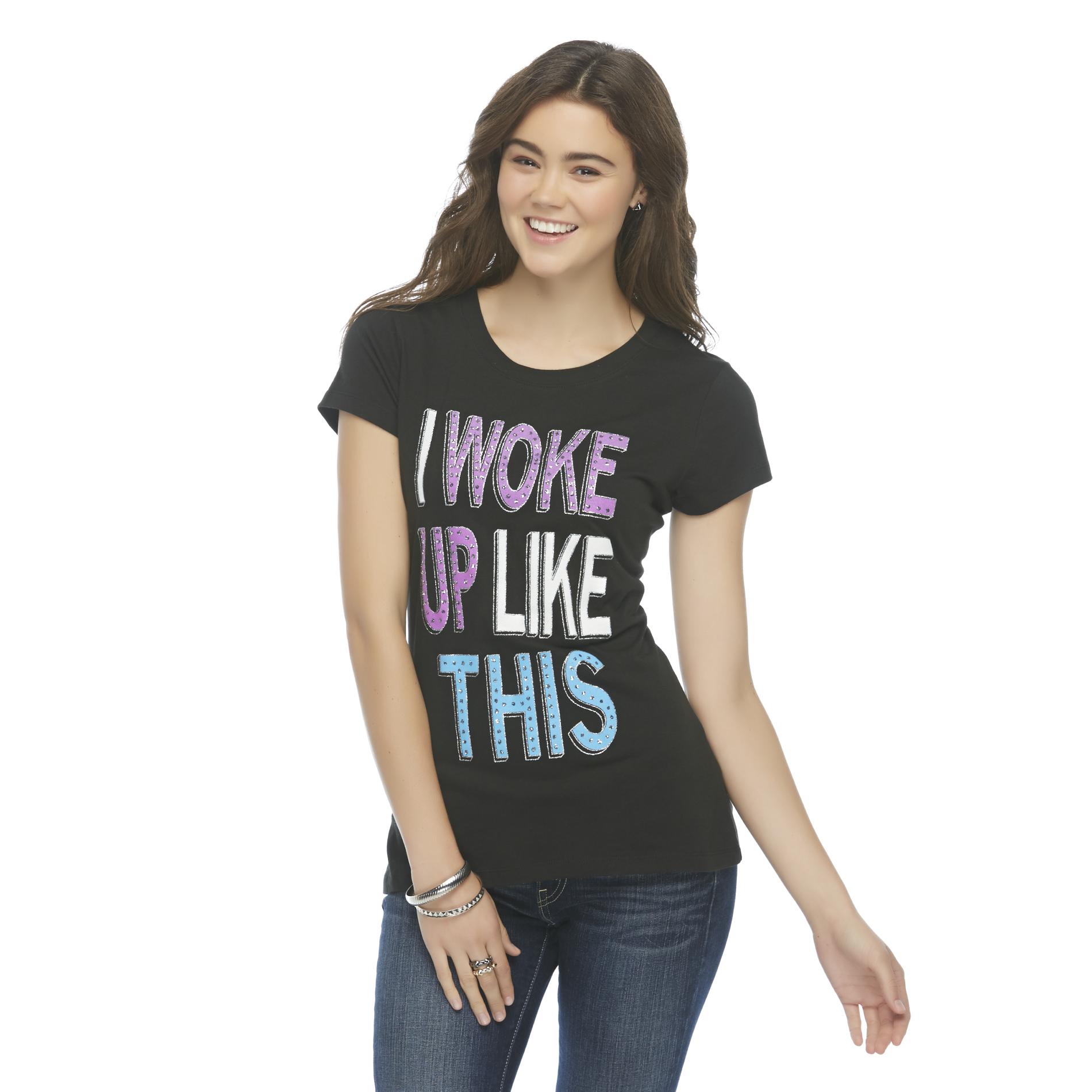 Junior's Scoop Neck Graphic Top - I Woke Up Like This