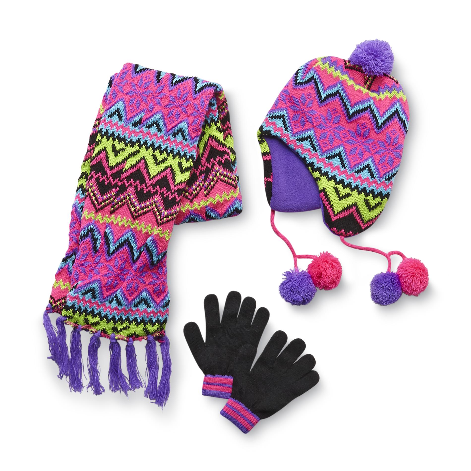 Athletech Girl's Hat  Scarf & Gloves - Fair Isle Snowflake