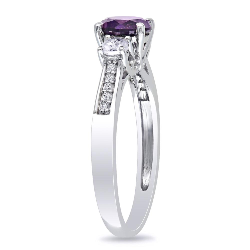 10k White Gold 1.3 cttw Created Alexandrite and Created White Sapphire with 0.05 cttw Diamond Three Stone Ring