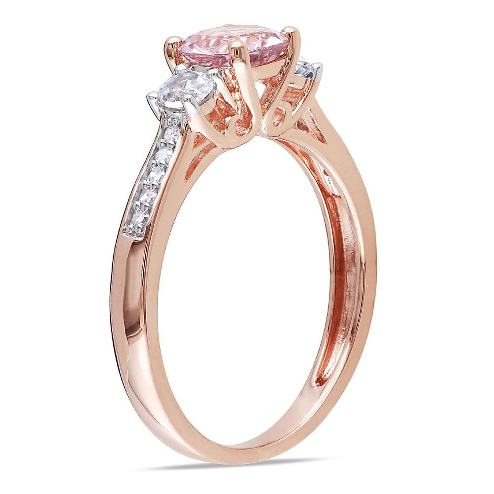 10k Rose Gold 1.15 cttw Morganite and Created White Sapphire with 0.05 cttw Diamond Three Stone Ring