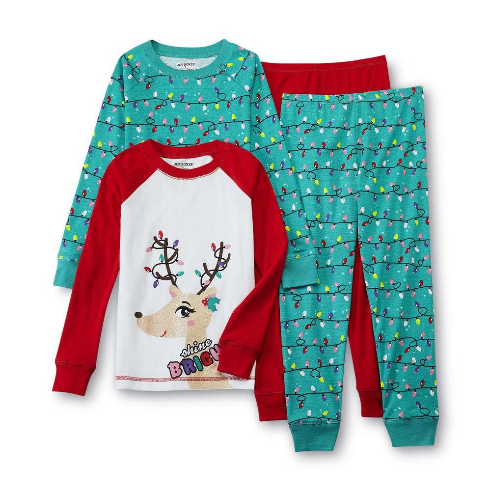 Joe Boxer Girl's 2 Pairs Tight Fit Christmas Pajamas - Reindeer & Holiday Lights