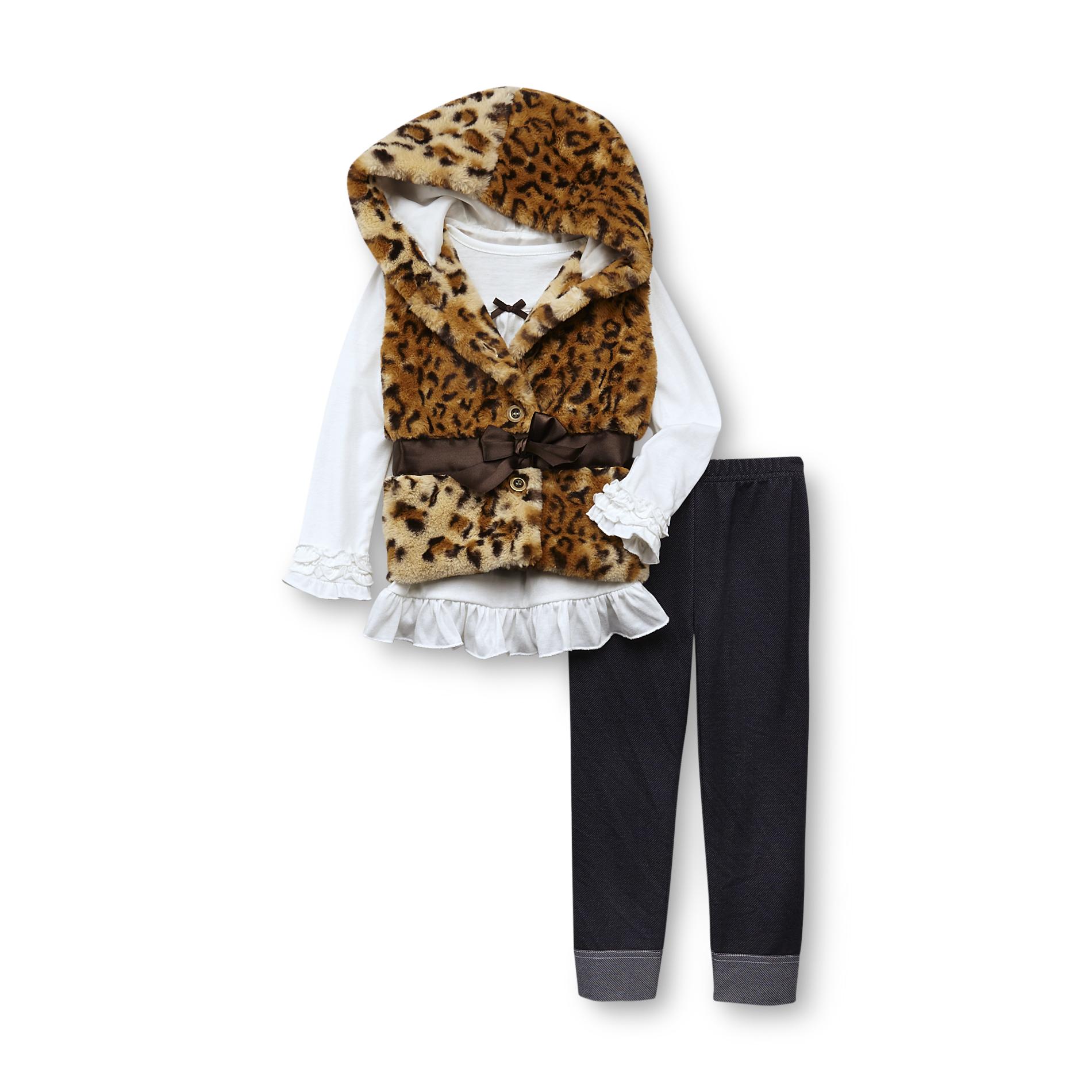 WonderKids Infant & Toddler Girl's Shirt  Hooded Vest & Leggings - Leopard Print