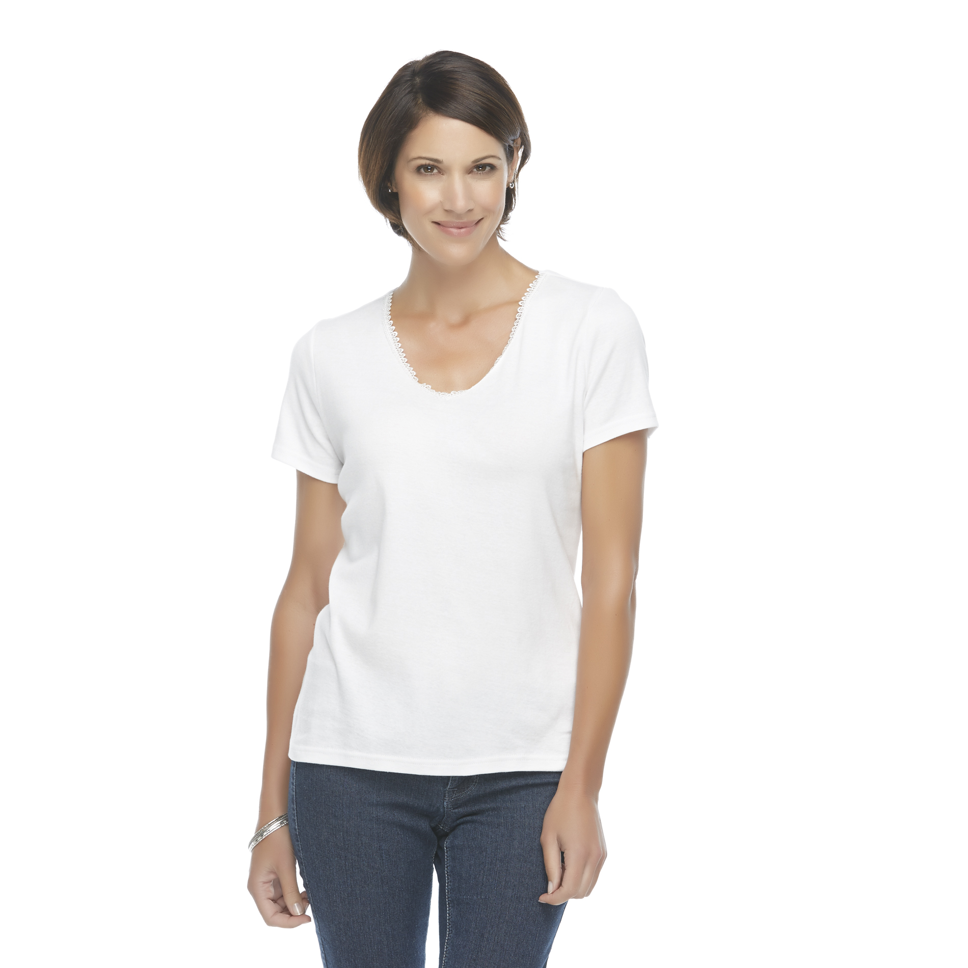 Basic Editions Women's Lace V-Neck T-Shirt