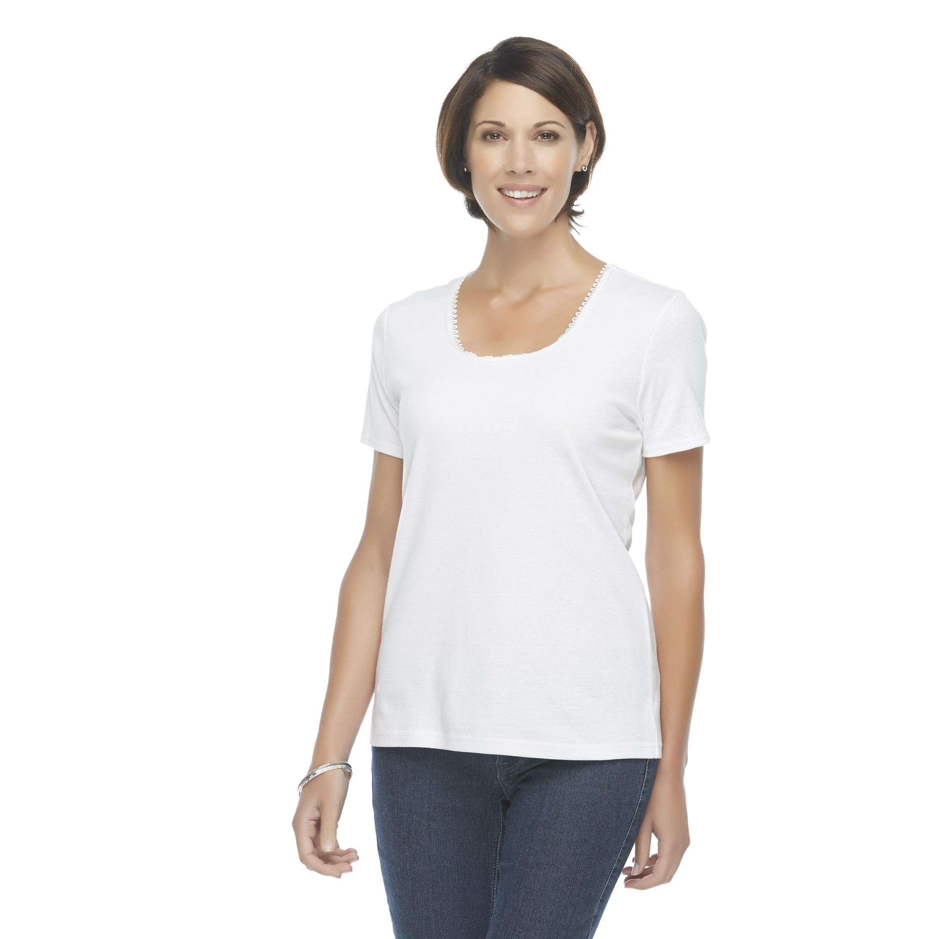 Basic Editions Women's Lace Trim T-Shirt