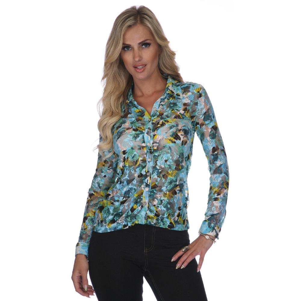 White Mark  Women's Teal Floral Lacy Button-Down Shirt